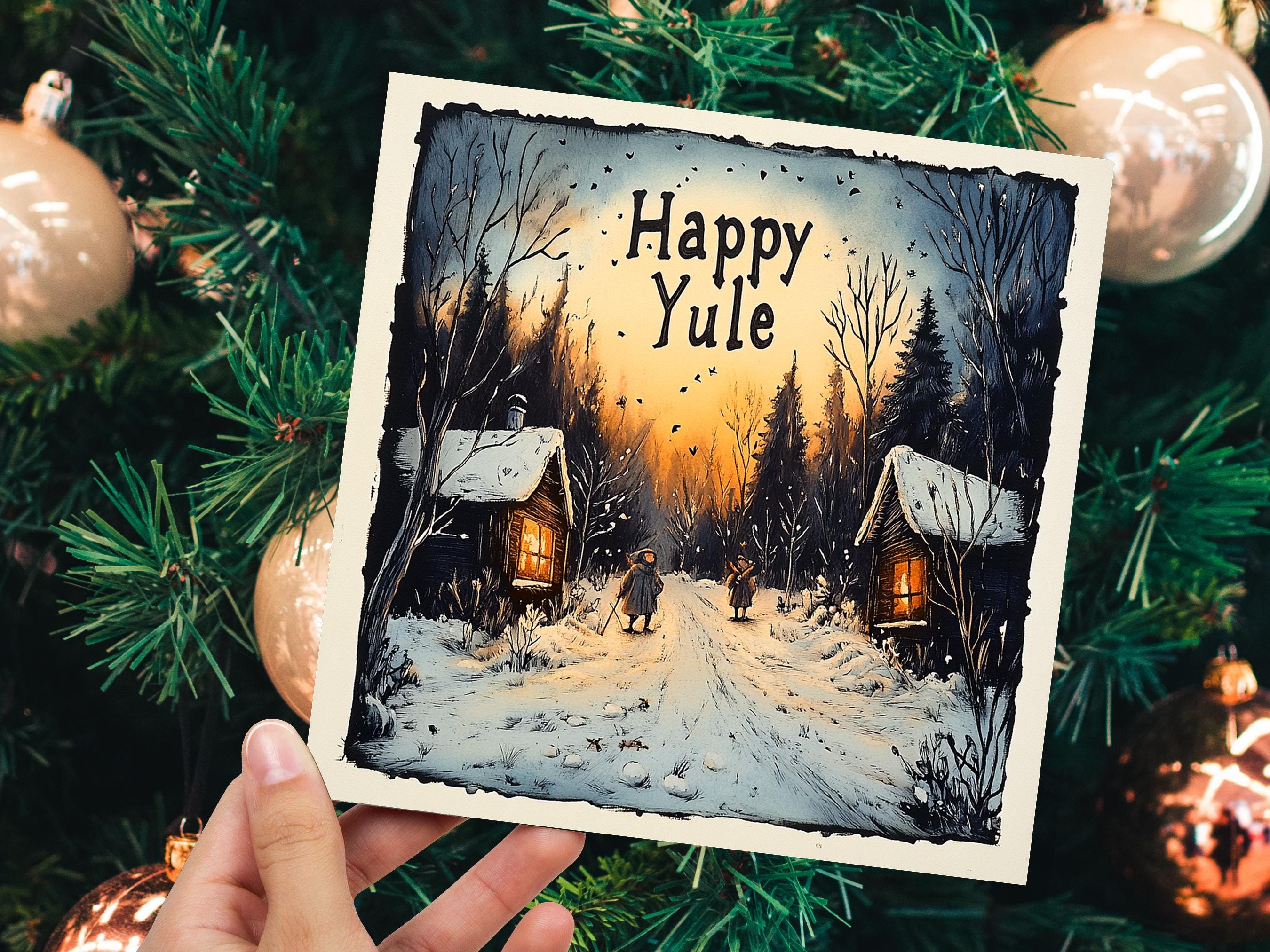 Happy Yule Pagan Holiday Card Yuletide Greetings Vintage Snowy Winter Solstice Forest Log Cabin Village Scene Cosy Lights New for Yule 2025