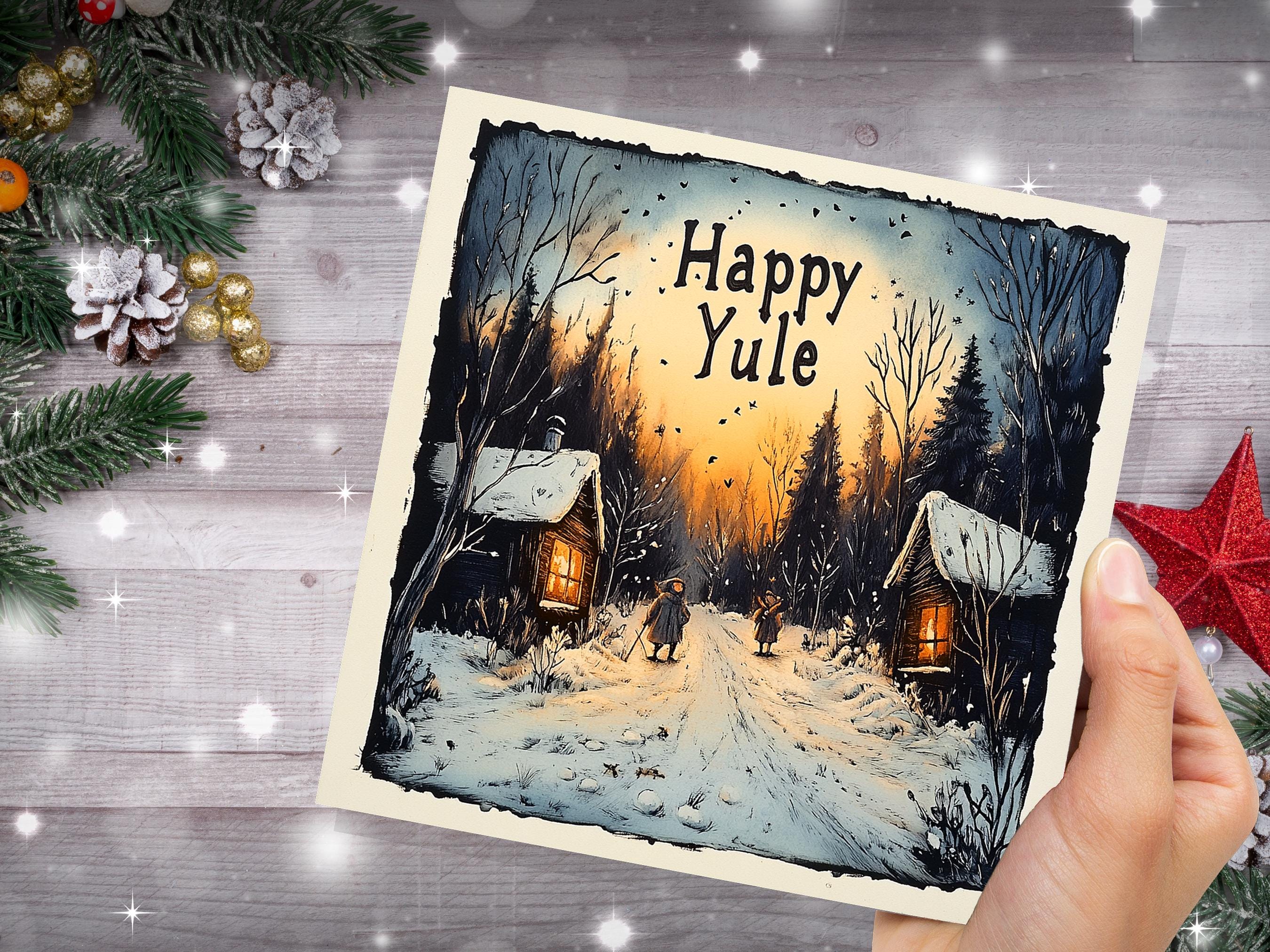 Happy Yule Pagan Holiday Card Yuletide Greetings Vintage Snowy Winter Solstice Forest Log Cabin Village Scene Cosy Lights New for Yule 2025 - View 8