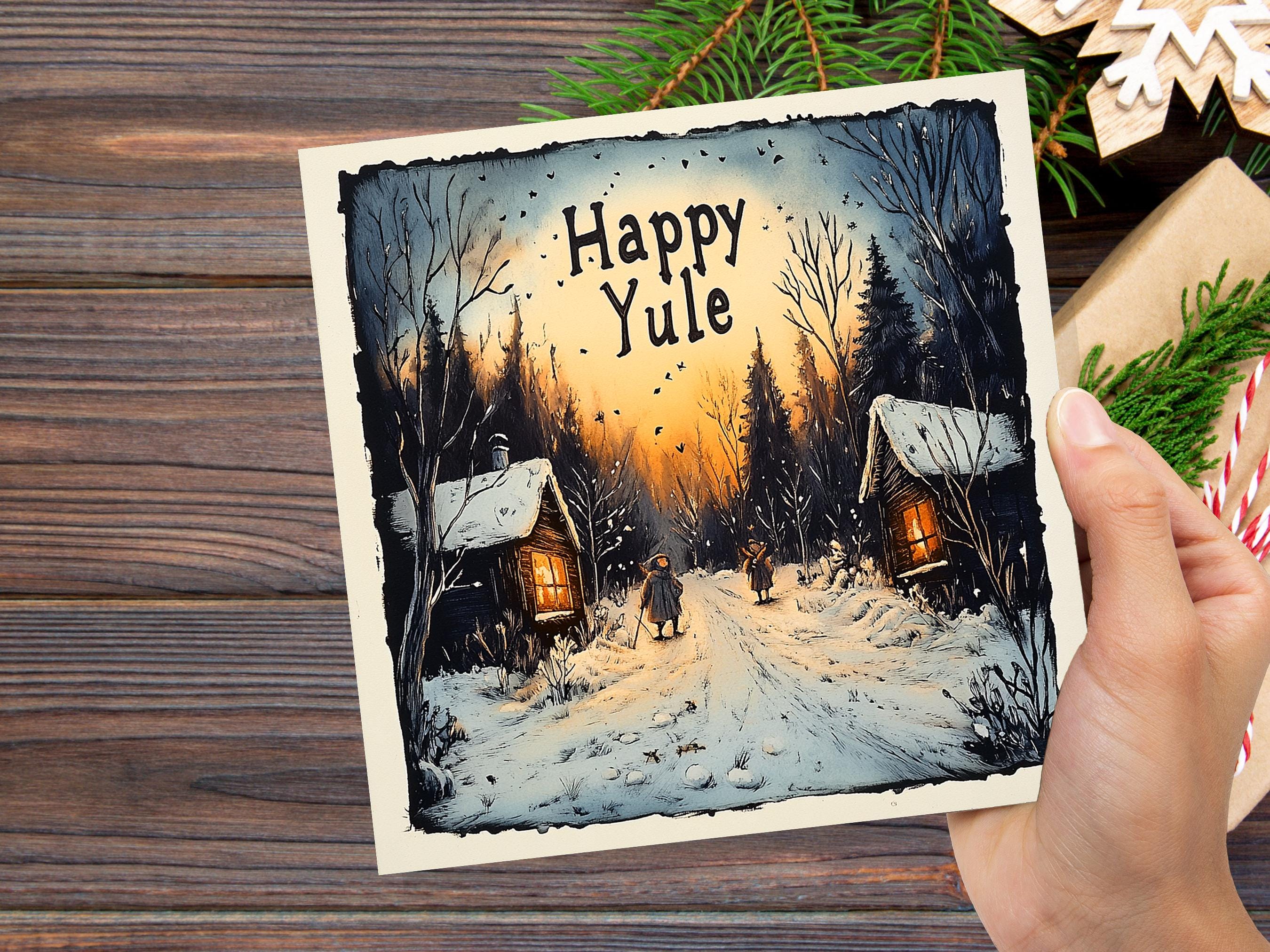 Happy Yule Pagan Holiday Card Yuletide Greetings Vintage Snowy Winter Solstice Forest Log Cabin Village Scene Cosy Lights New for Yule 2025 - View 5