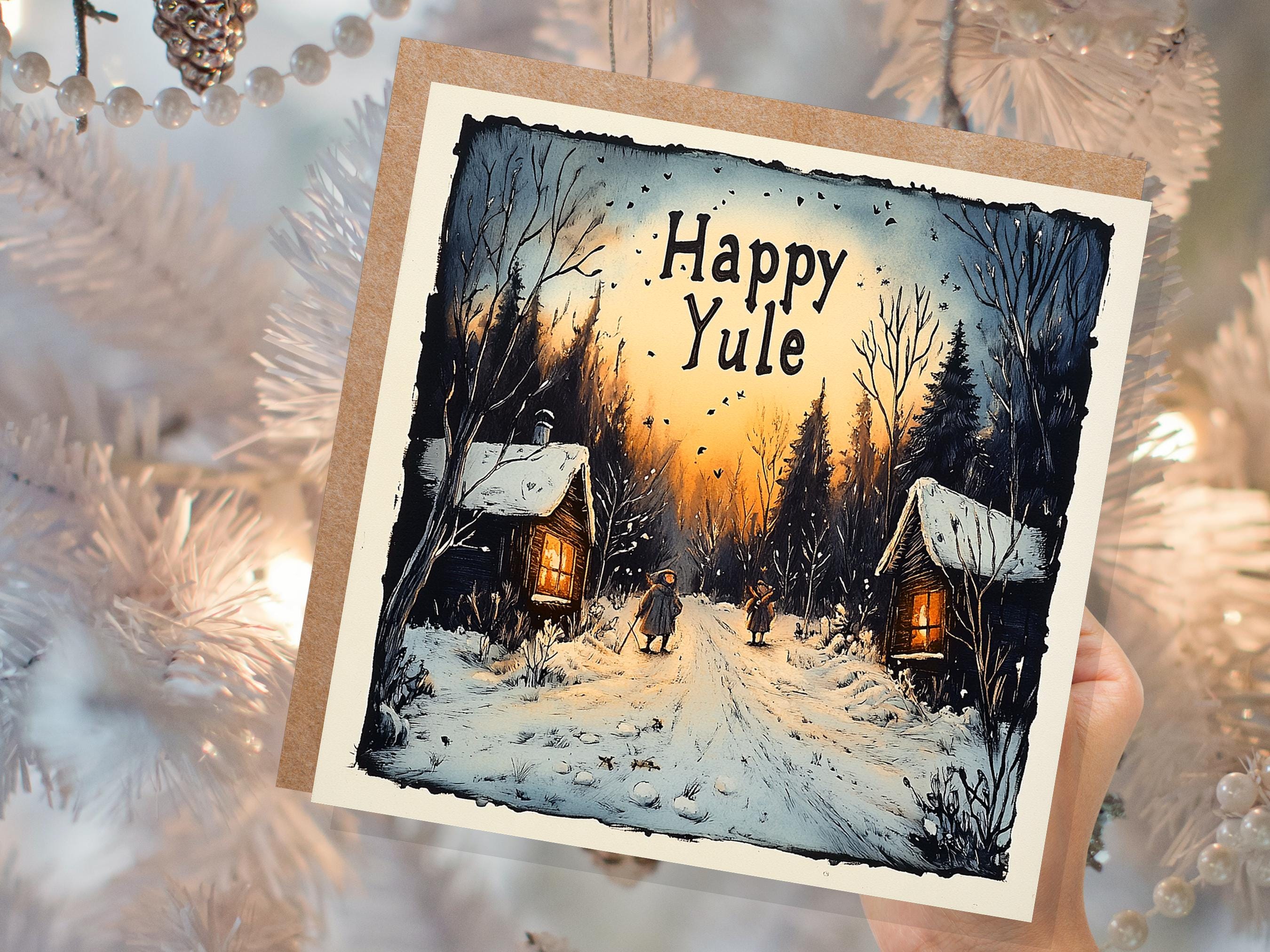 Happy Yule Pagan Holiday Card Yuletide Greetings Vintage Snowy Winter Solstice Forest Log Cabin Village Scene Cosy Lights New for Yule 2025 - View 3