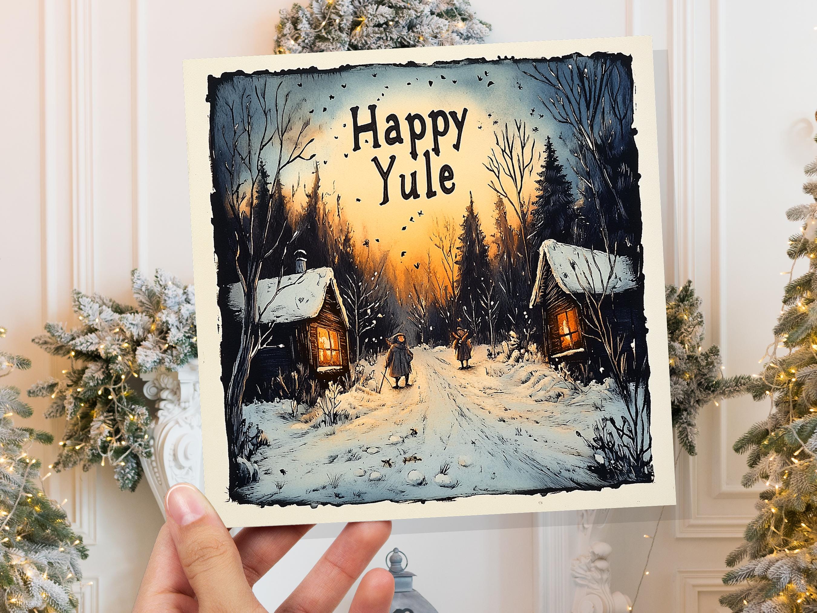 Happy Yule Pagan Holiday Card Yuletide Greetings Vintage Snowy Winter Solstice Forest Log Cabin Village Scene Cosy Lights New for Yule 2025 - View 7