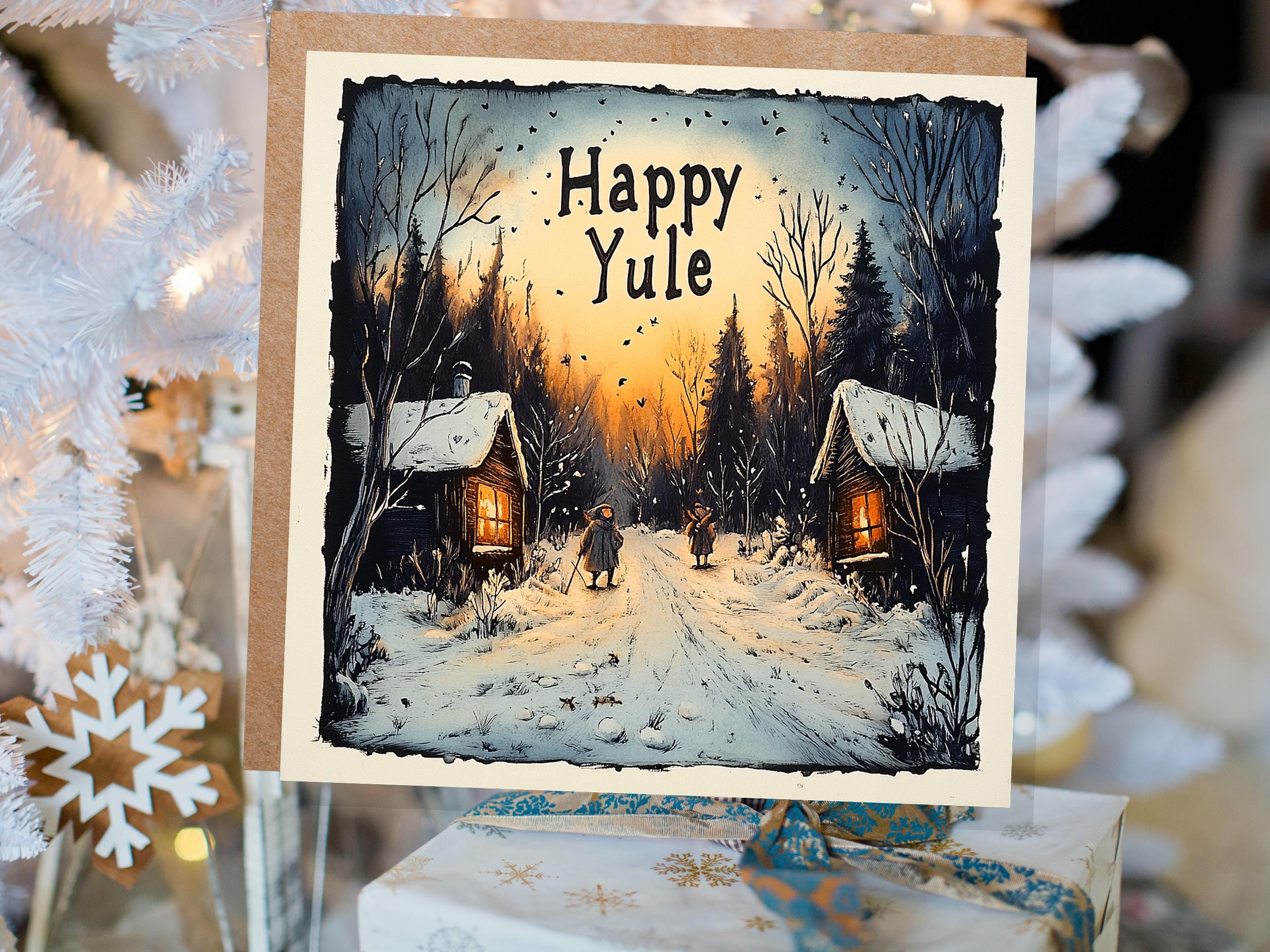 Happy Yule Pagan Holiday Card Yuletide Greetings Vintage Snowy Winter Solstice Forest Log Cabin Village Scene Cosy Lights New for Yule 2025 - View 4