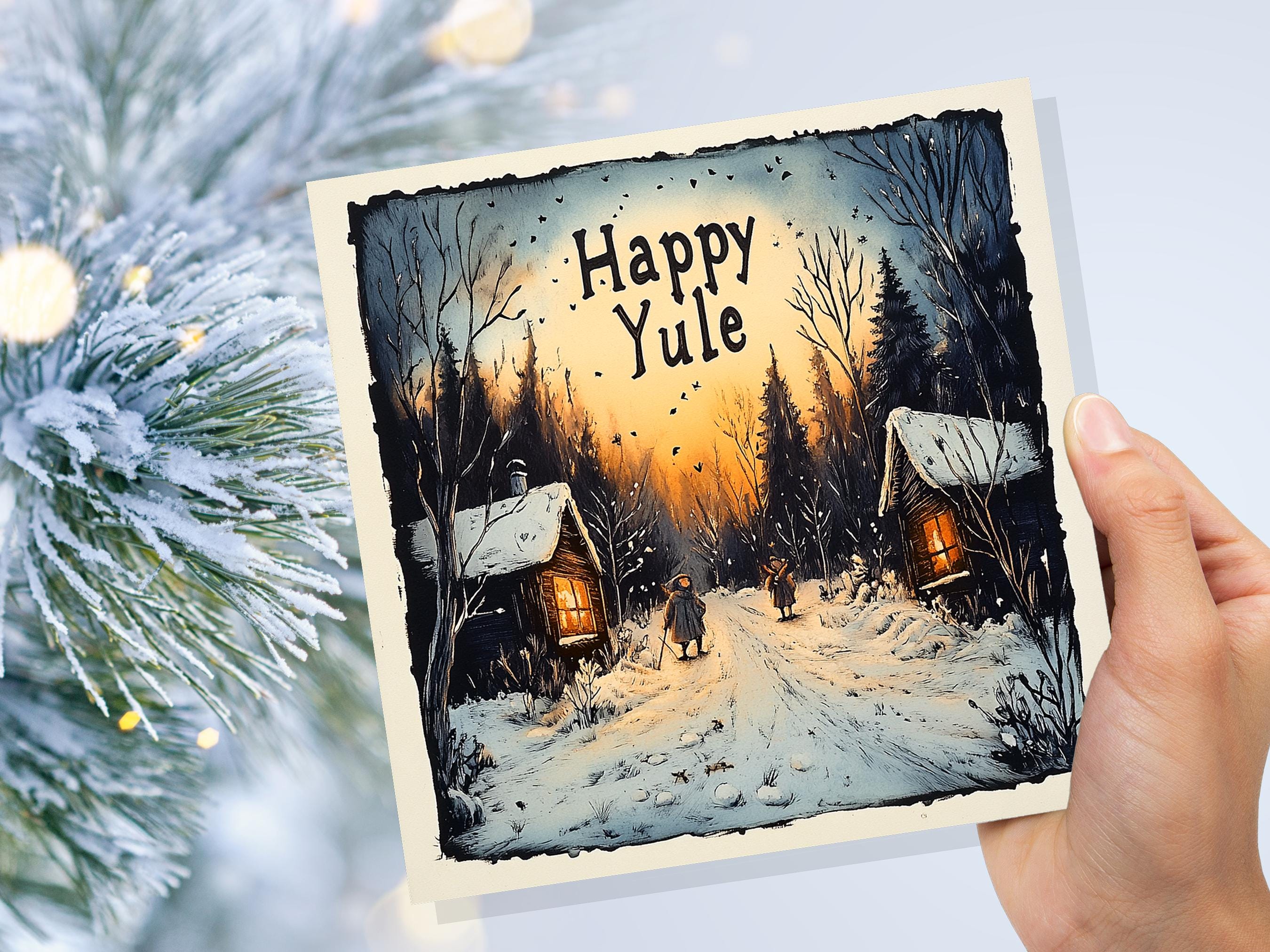 Happy Yule Pagan Holiday Card Yuletide Greetings Vintage Snowy Winter Solstice Forest Log Cabin Village Scene Cosy Lights New for Yule 2025 - View 2