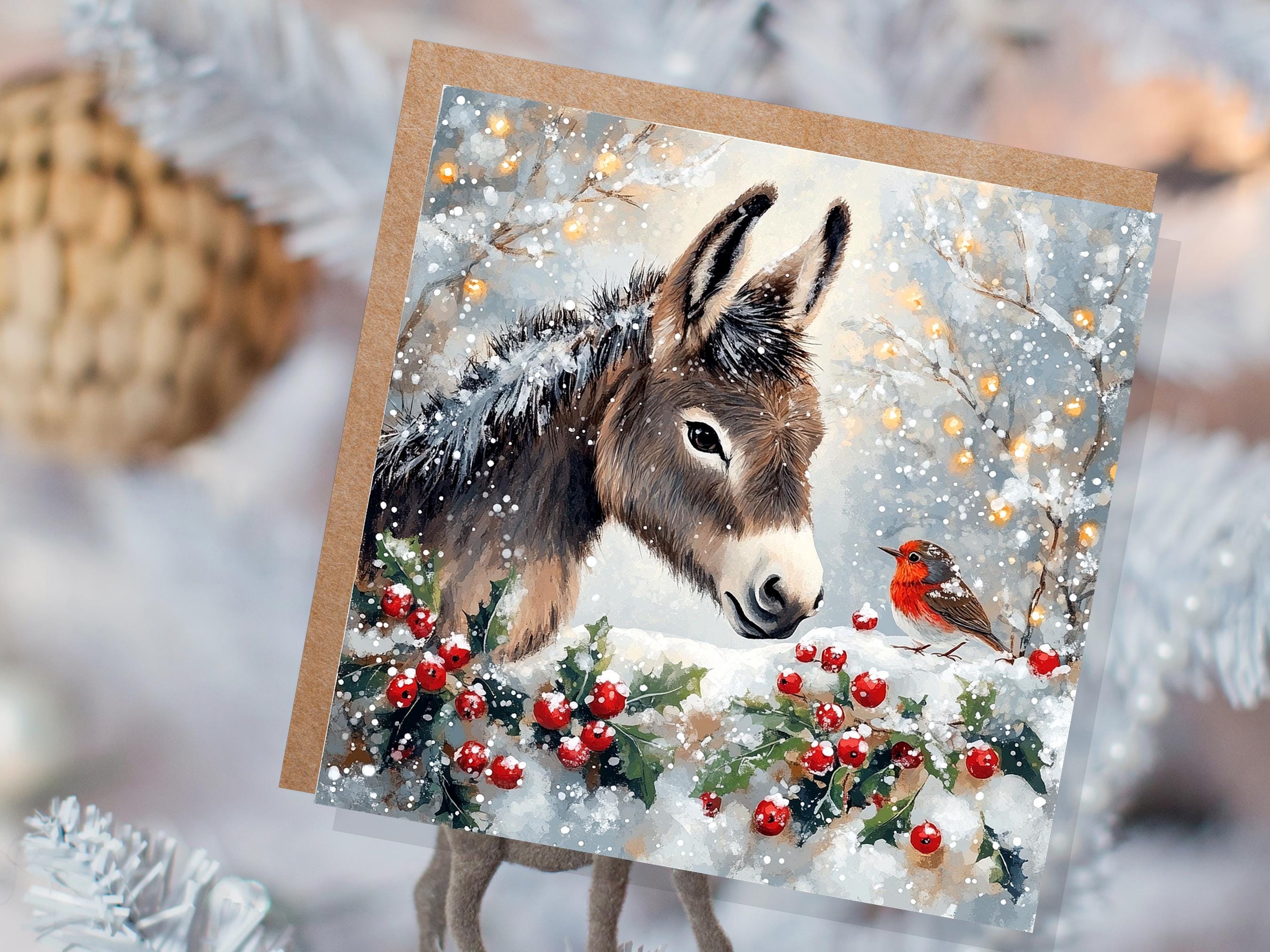 Christmas Card with Donkey and Robin Snow Scene Holly Berries Fairy Lights Festive Winter Landscape Xmas Greetings for Family Friends 2025 - View 5