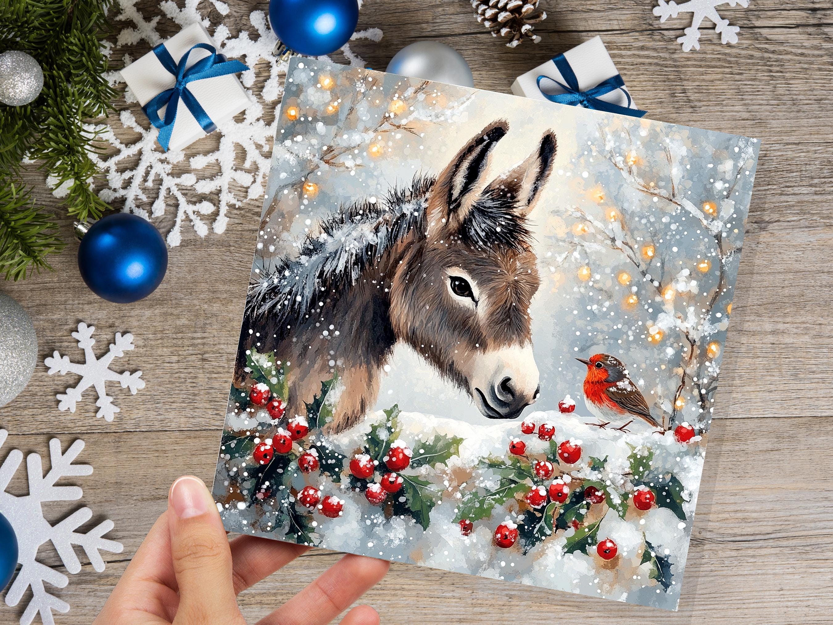 Christmas Card with Donkey and Robin Snow Scene Holly Berries Fairy Lights Festive Winter Landscape Xmas Greetings for Family Friends 2025 - View 7