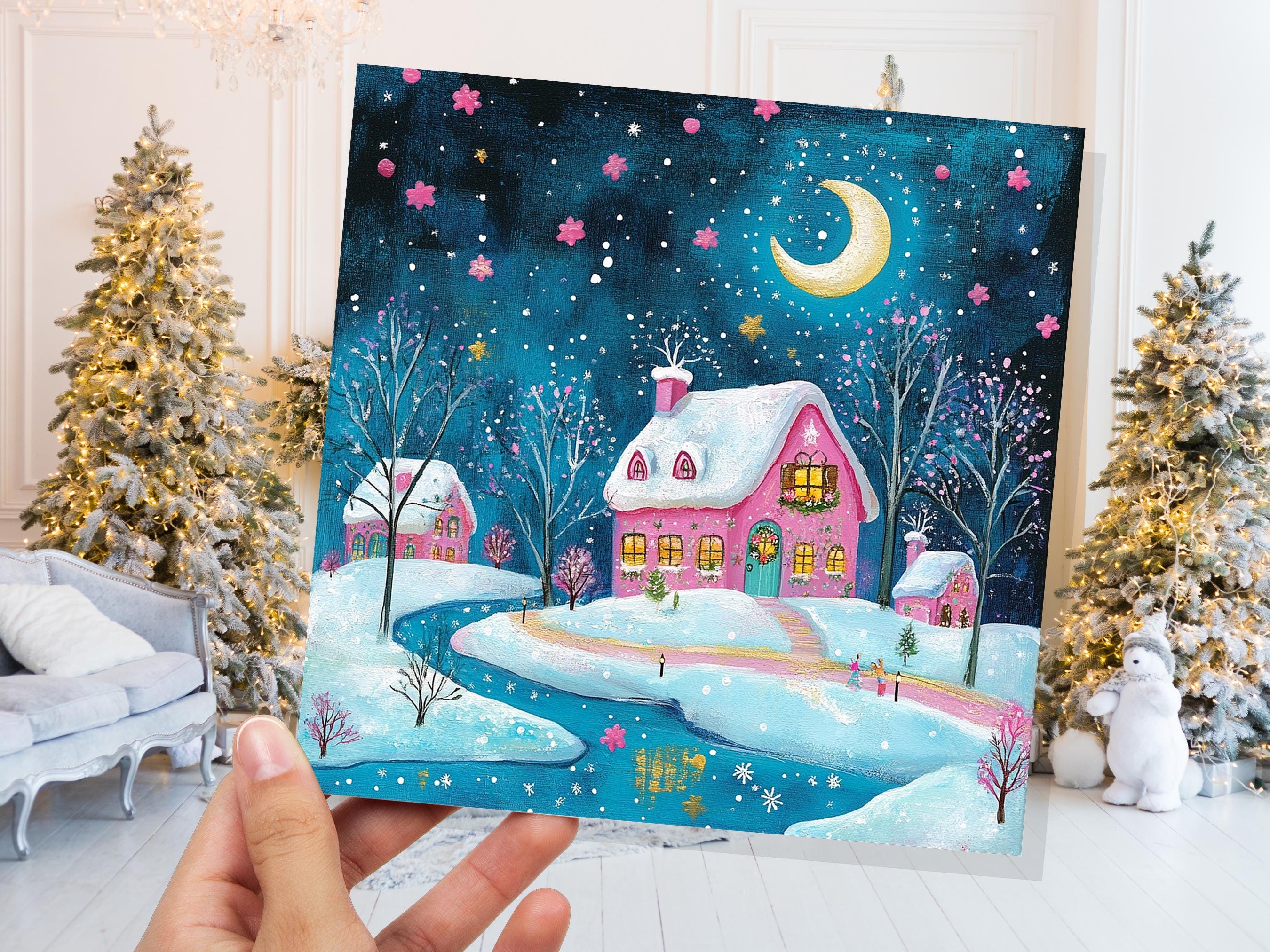 Snowy Village Christmas Card Pink and Blue With Icy River Crescent Moon Magical Winter Starry Night Sky Scene for Family Friends New 2025 - View 7