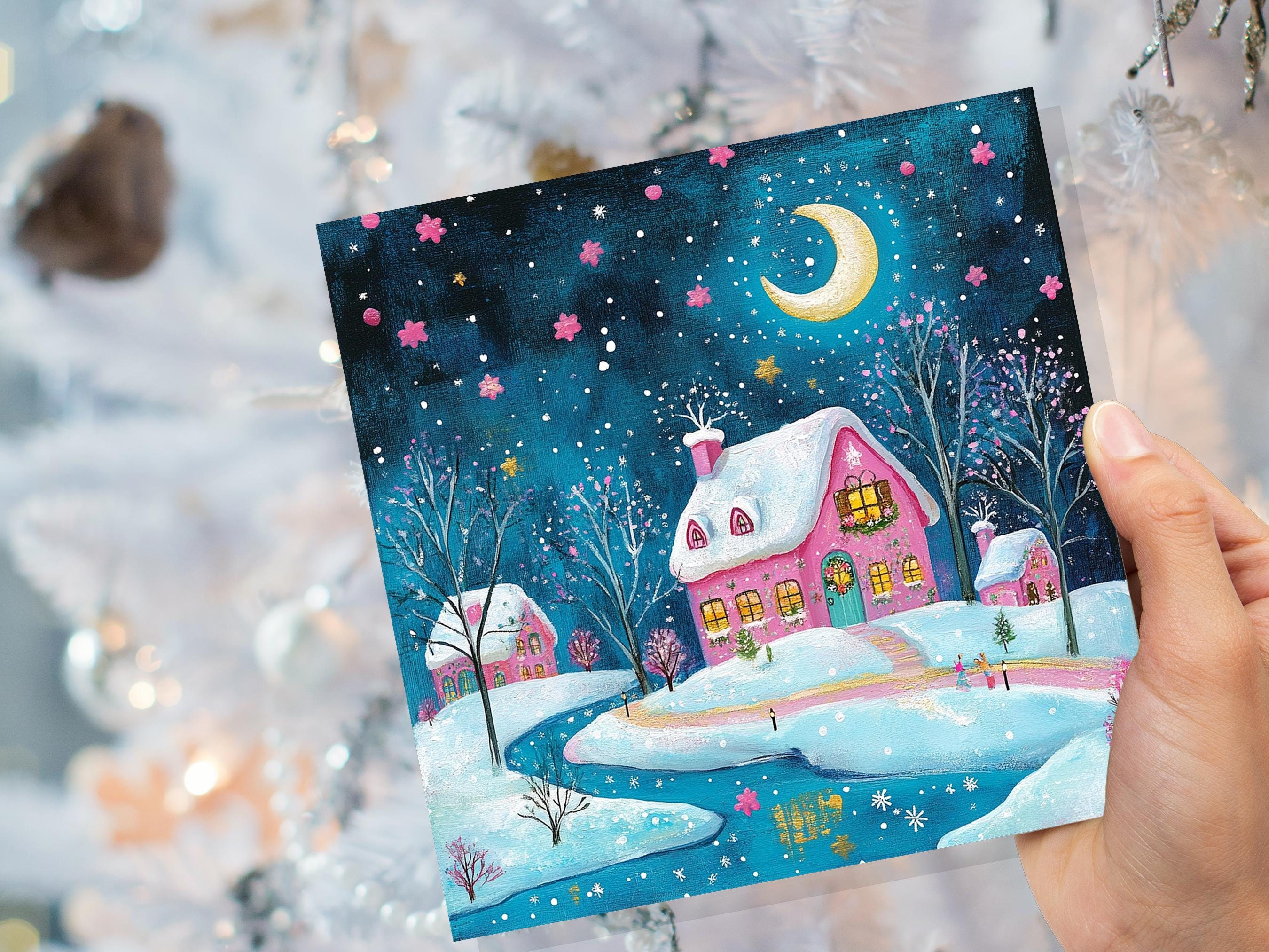 Snowy Village Christmas Card Pink and Blue With Icy River Crescent Moon Magical Winter Starry Night Sky Scene for Family Friends New 2025