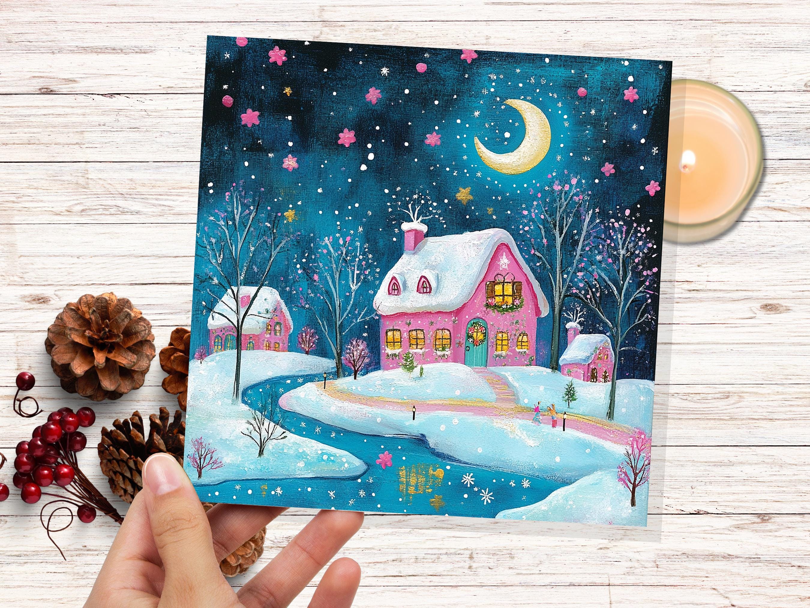 Snowy Village Christmas Card Pink and Blue With Icy River Crescent Moon Magical Winter Starry Night Sky Scene for Family Friends New 2025 - View 5