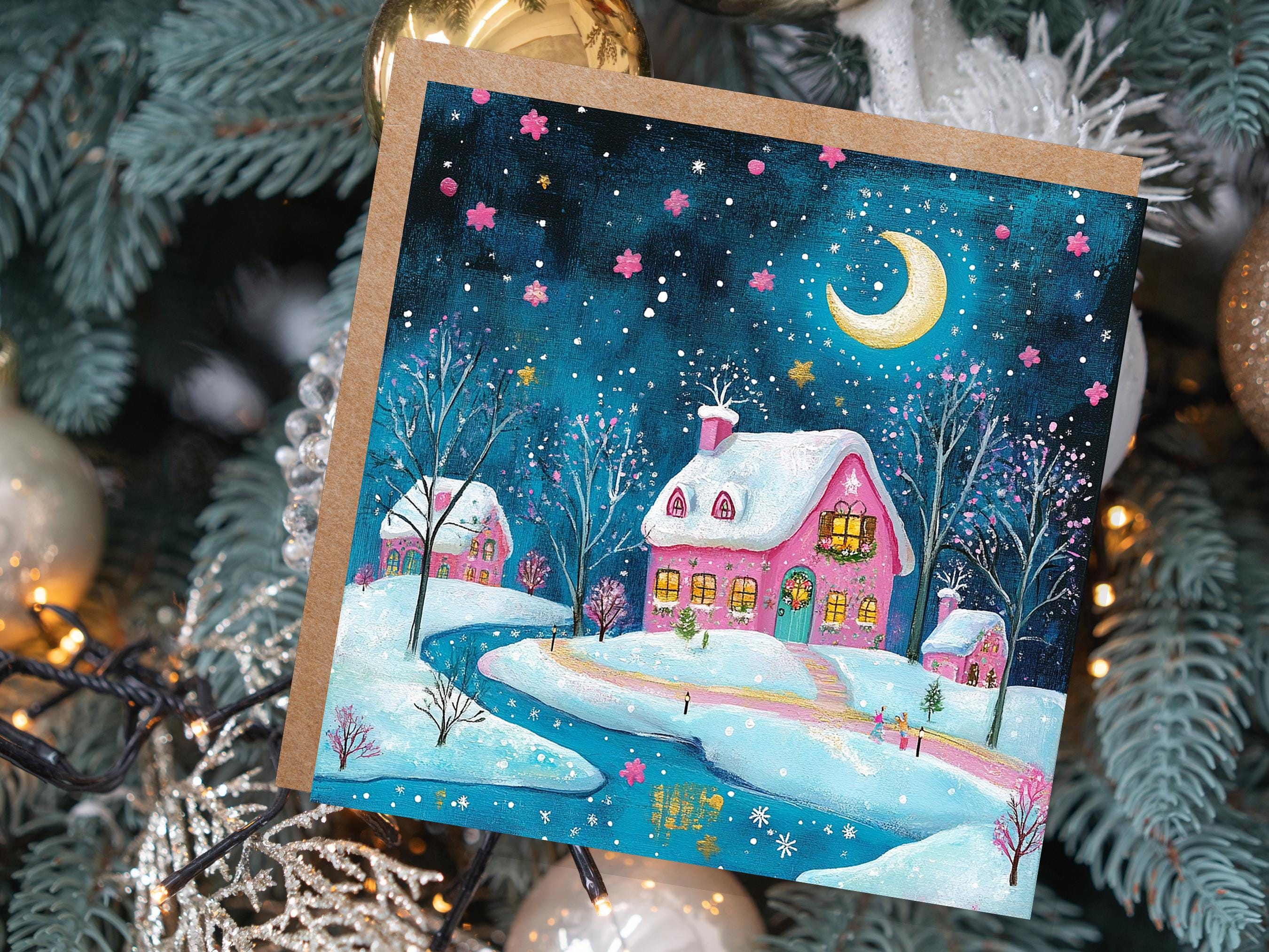 Snowy Village Christmas Card Pink and Blue With Icy River Crescent Moon Magical Winter Starry Night Sky Scene for Family Friends New 2025 - View 3