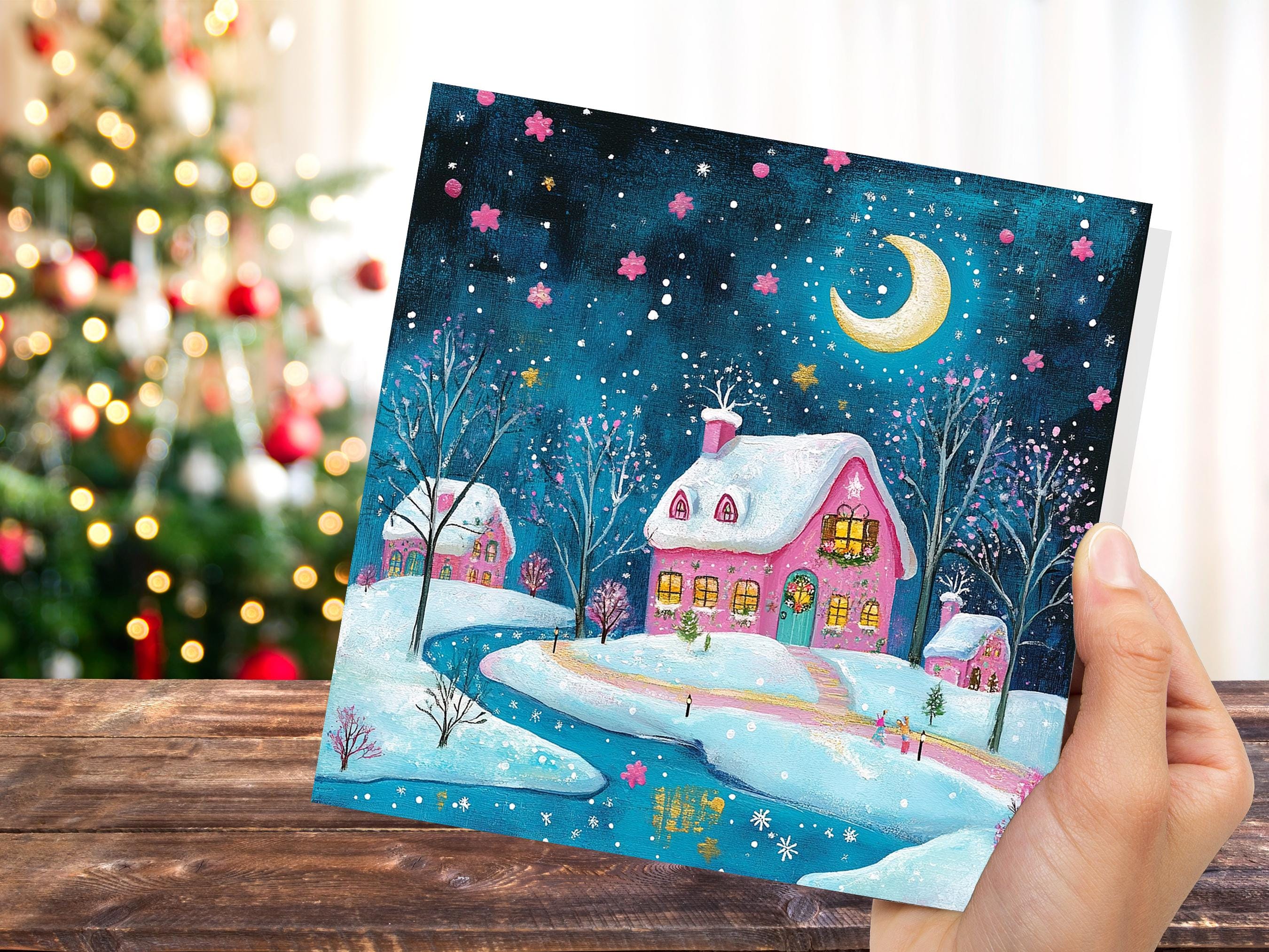 Snowy Village Christmas Card Pink and Blue With Icy River Crescent Moon Magical Winter Starry Night Sky Scene for Family Friends New 2025 - View 9