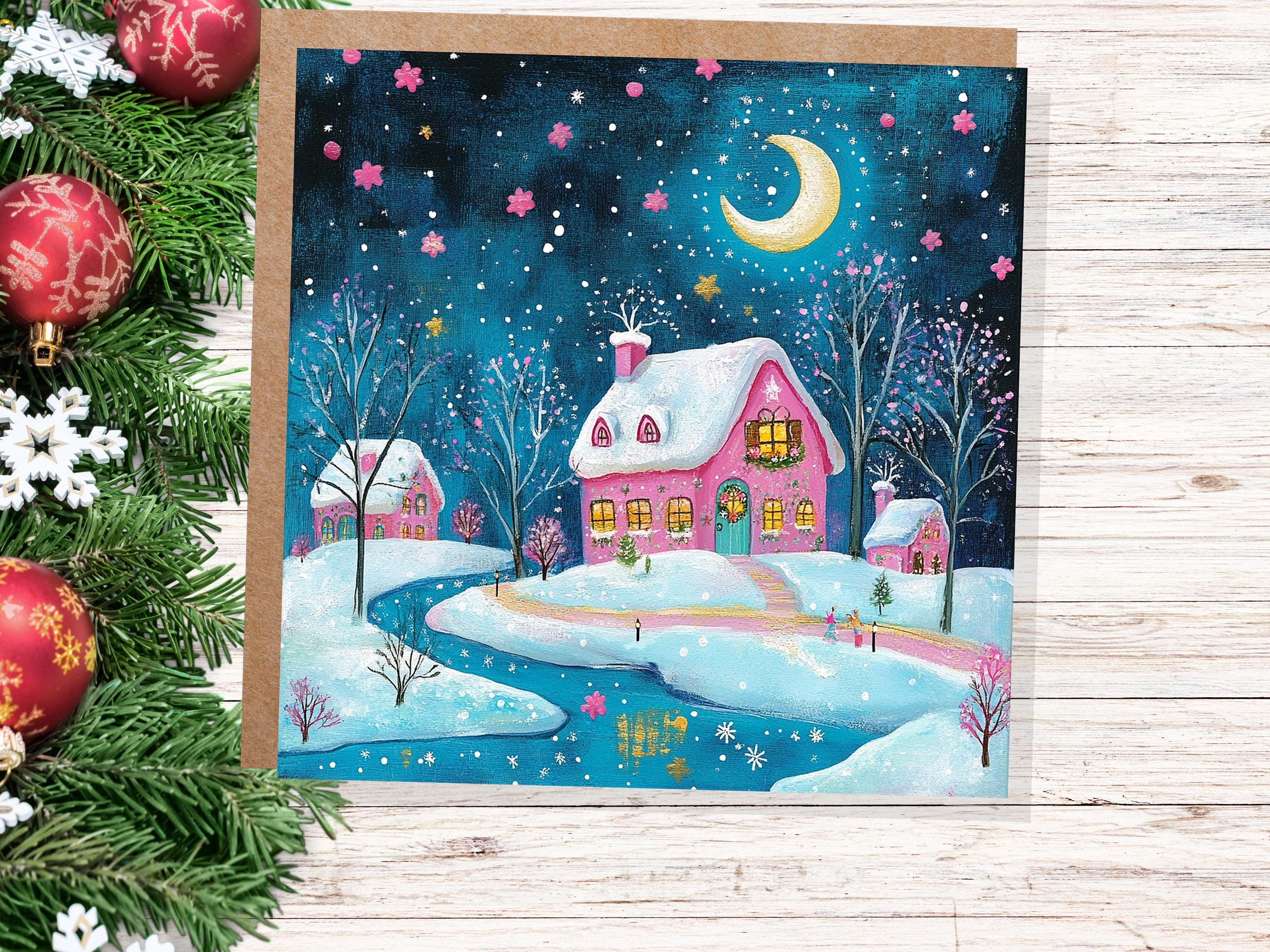 Snowy Village Christmas Card Pink and Blue With Icy River Crescent Moon Magical Winter Starry Night Sky Scene for Family Friends New 2025 - View 4