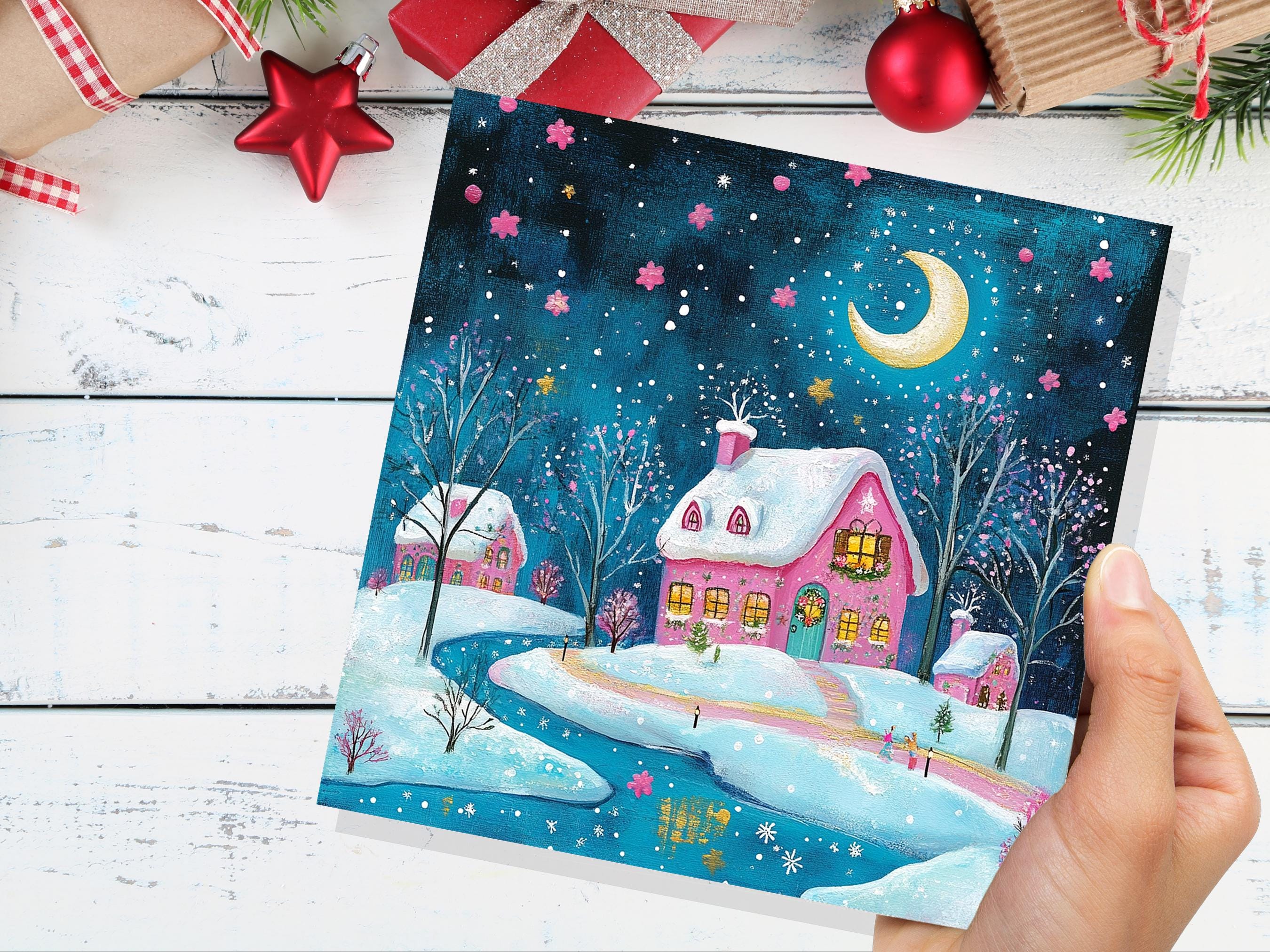 Snowy Village Christmas Card Pink and Blue With Icy River Crescent Moon Magical Winter Starry Night Sky Scene for Family Friends New 2025 - View 8