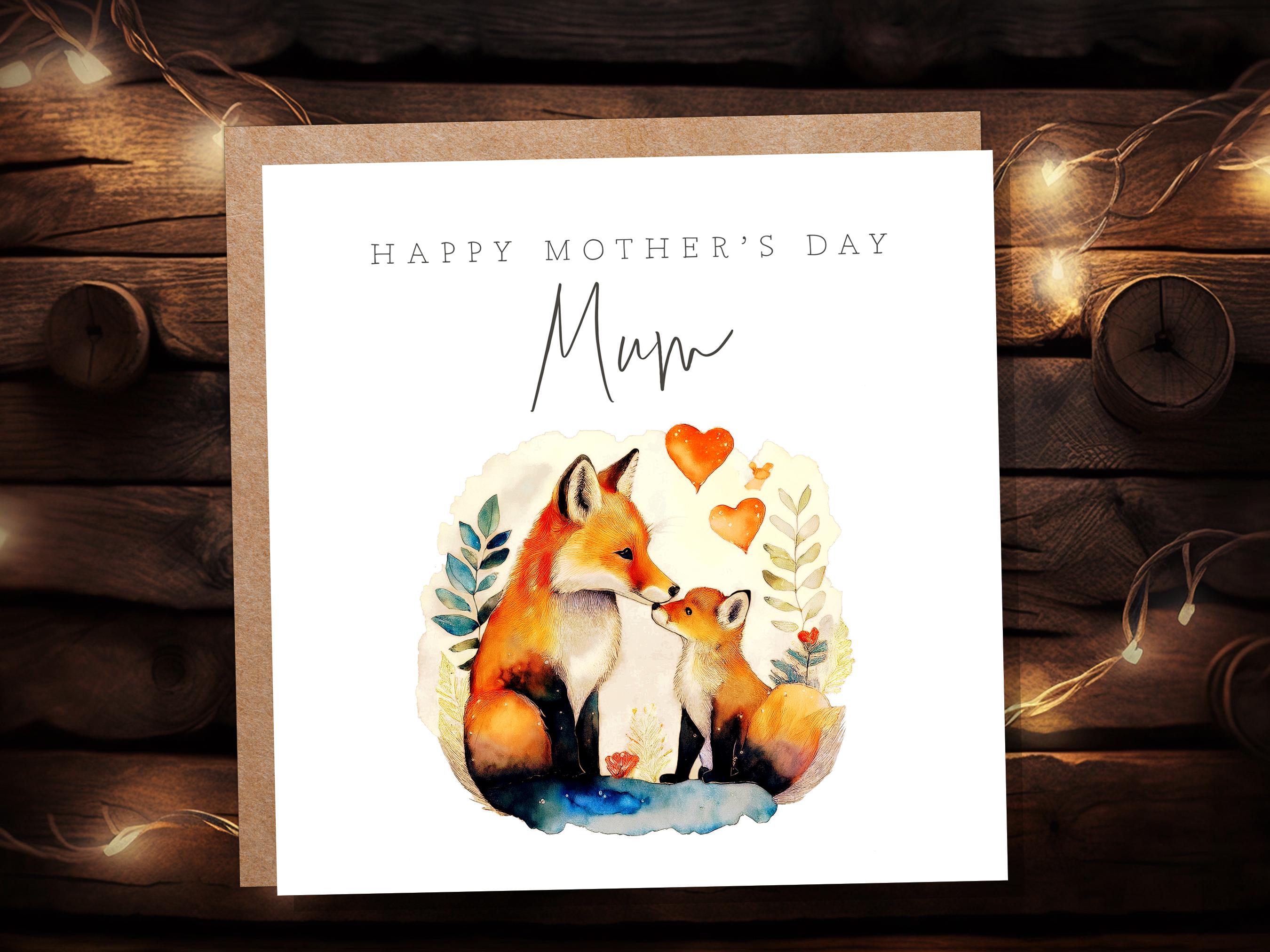 Happy Mother's Day Fox and Cub Card Watercolour Mother & Baby Fox Illustration Cute Eco Friendly for Mum - View 2
