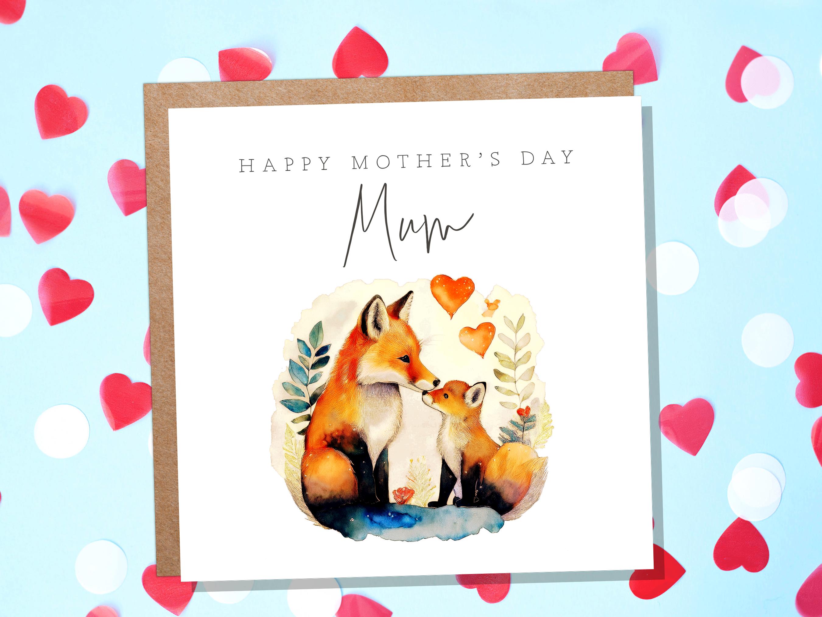 Happy Mother's Day Fox and Cub Card Watercolour Mother & Baby Fox Illustration Cute Eco Friendly for Mum - View 3