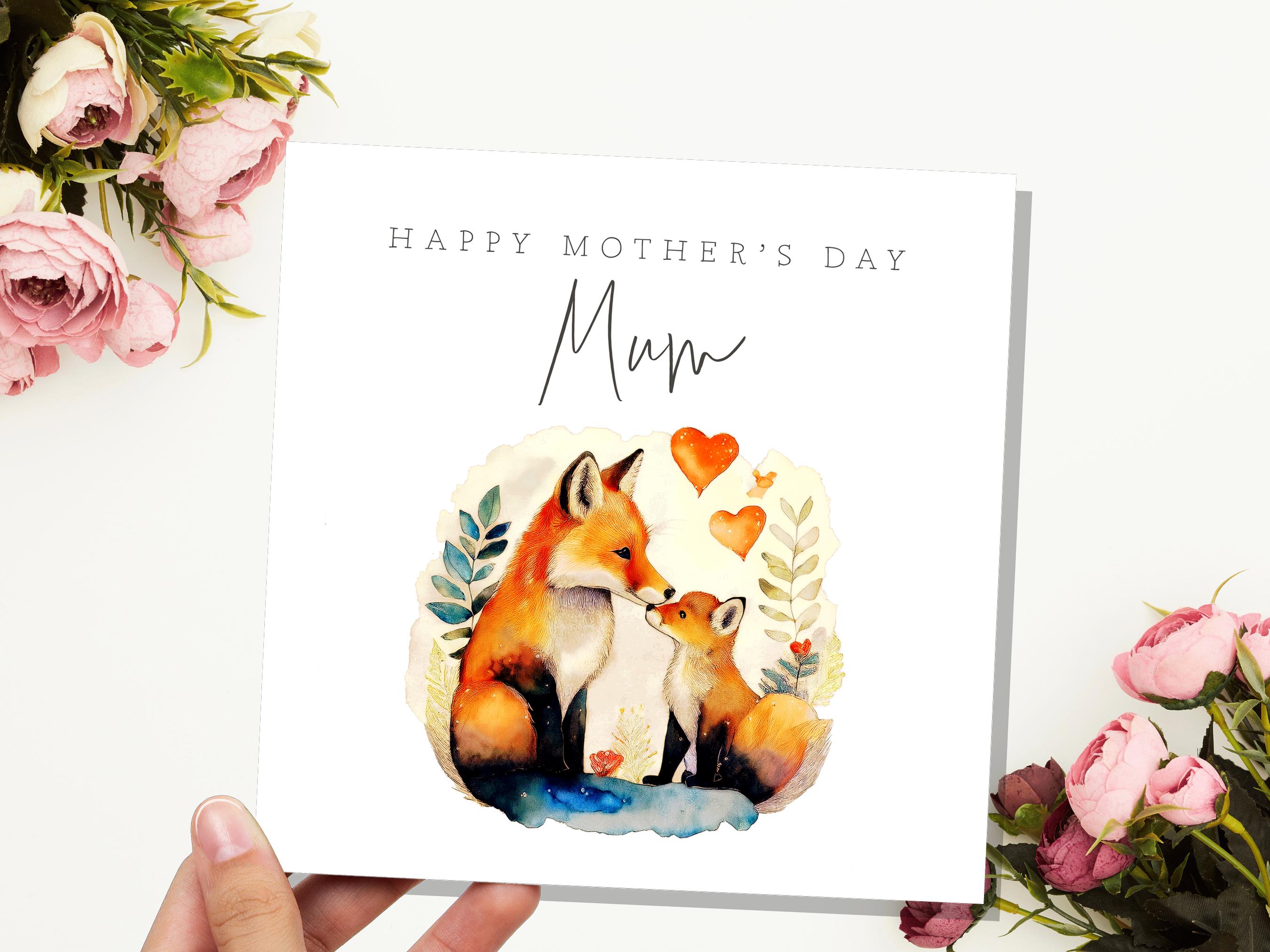 Happy Mother's Day Fox and Cub Card Watercolour Mother & Baby Fox Illustration Cute Eco Friendly for Mum