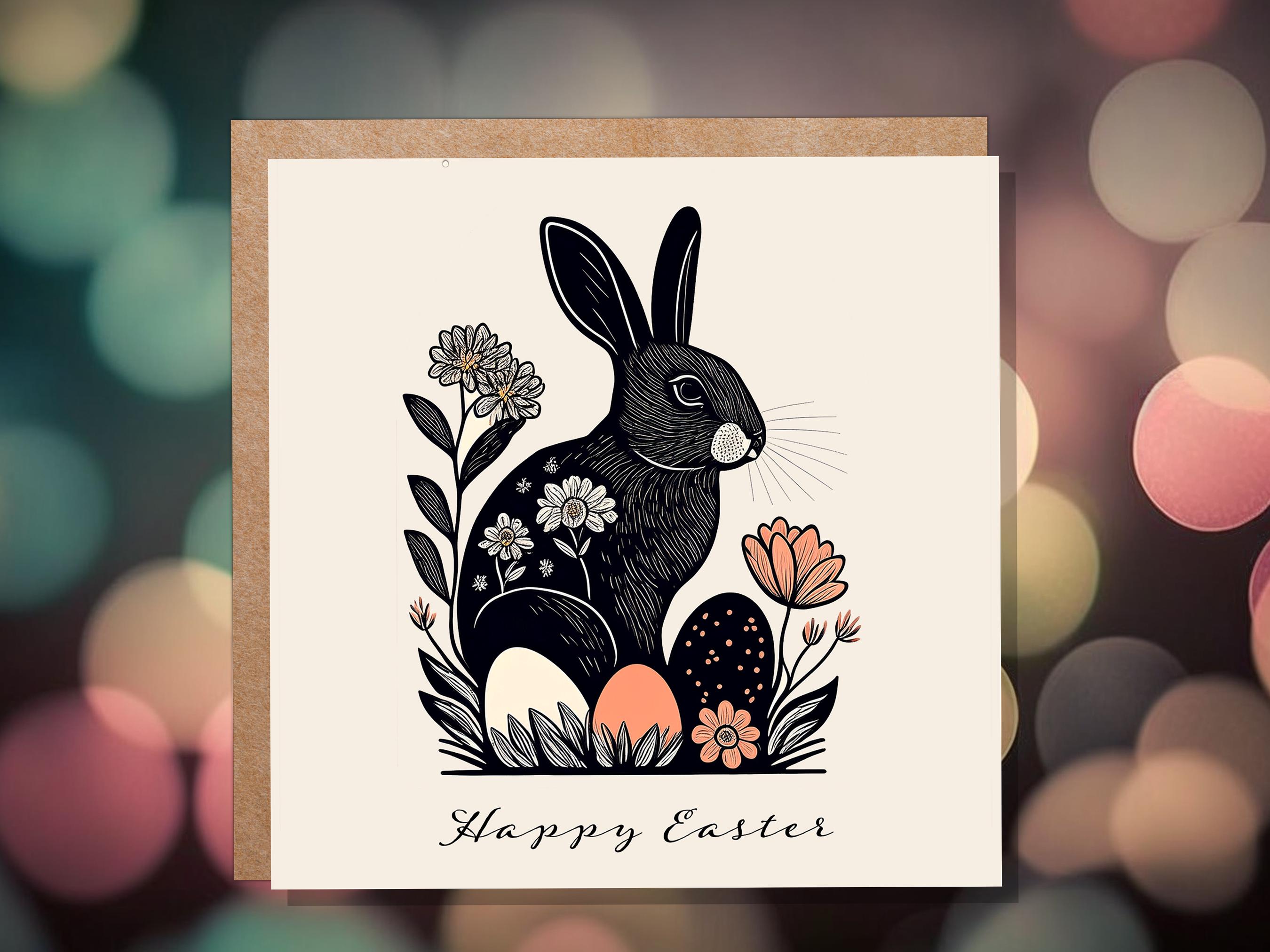 Linocut Easter Cards with Black Rabbit Happy Easter Card Pack Elegant Folk Art Bunny Print with Flowers and Eggs Eco Friendly Botanical Hare - View 9