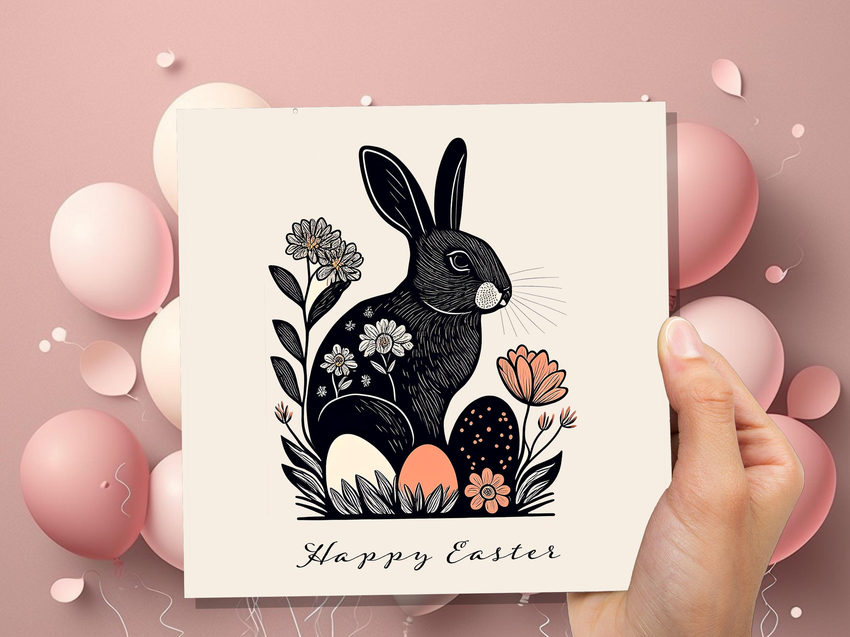 Linocut Easter Cards with Black Rabbit Happy Easter Card Pack Elegant Folk Art Bunny Print with Flowers and Eggs Eco Friendly Botanical Hare - View 6