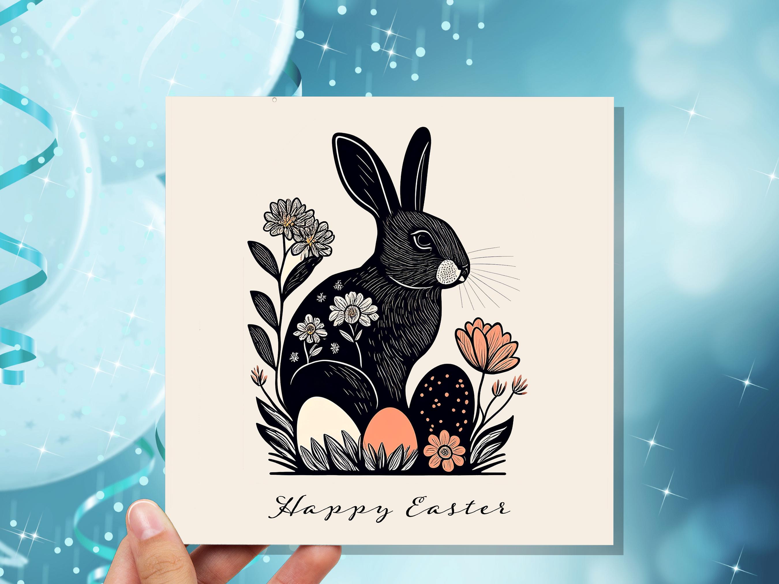Linocut Easter Cards with Black Rabbit Happy Easter Card Pack Elegant Folk Art Bunny Print with Flowers and Eggs Eco Friendly Botanical Hare - View 5