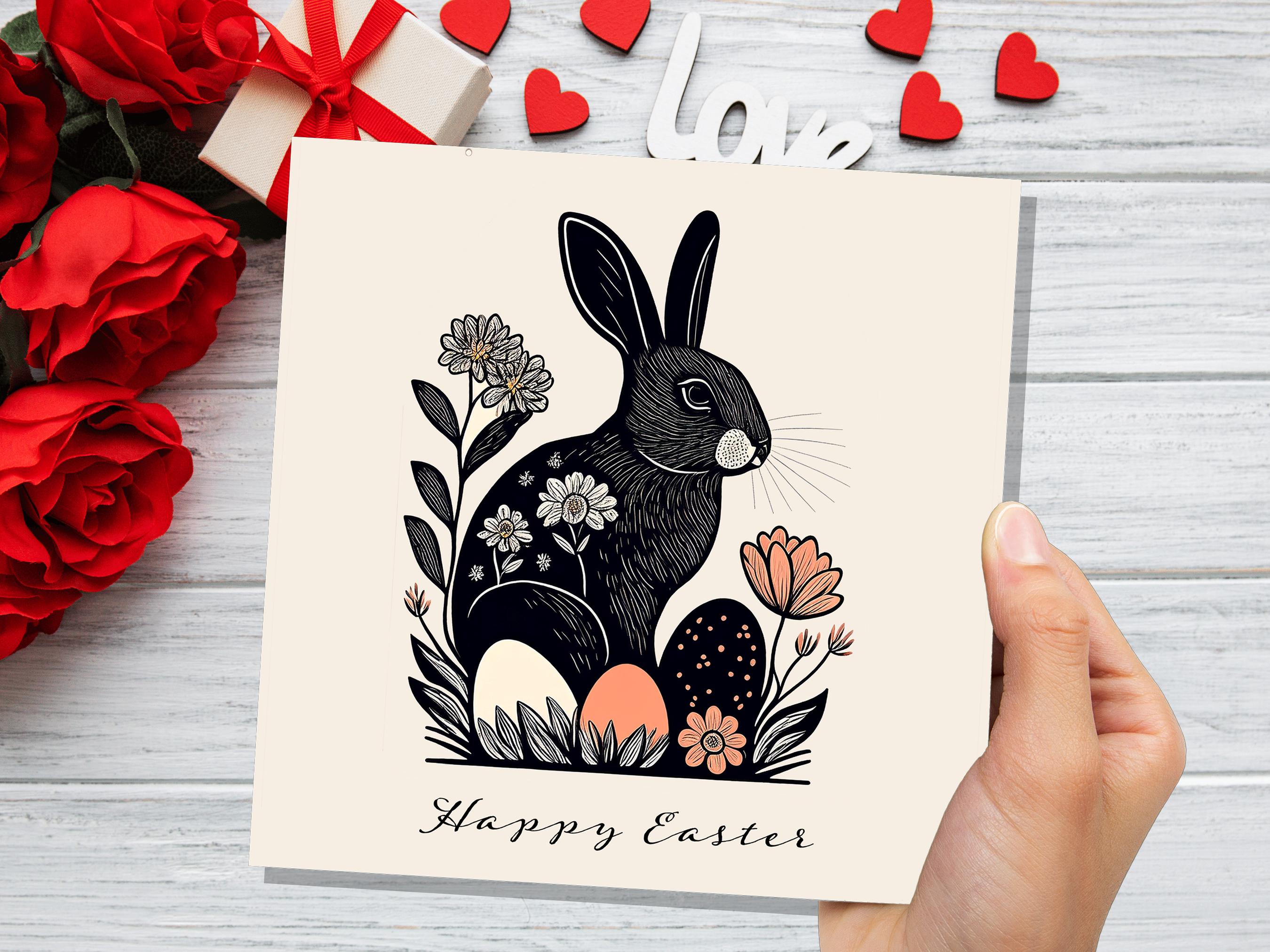 Linocut Easter Cards with Black Rabbit Happy Easter Card Pack Elegant Folk Art Bunny Print with Flowers and Eggs Eco Friendly Botanical Hare - View 8