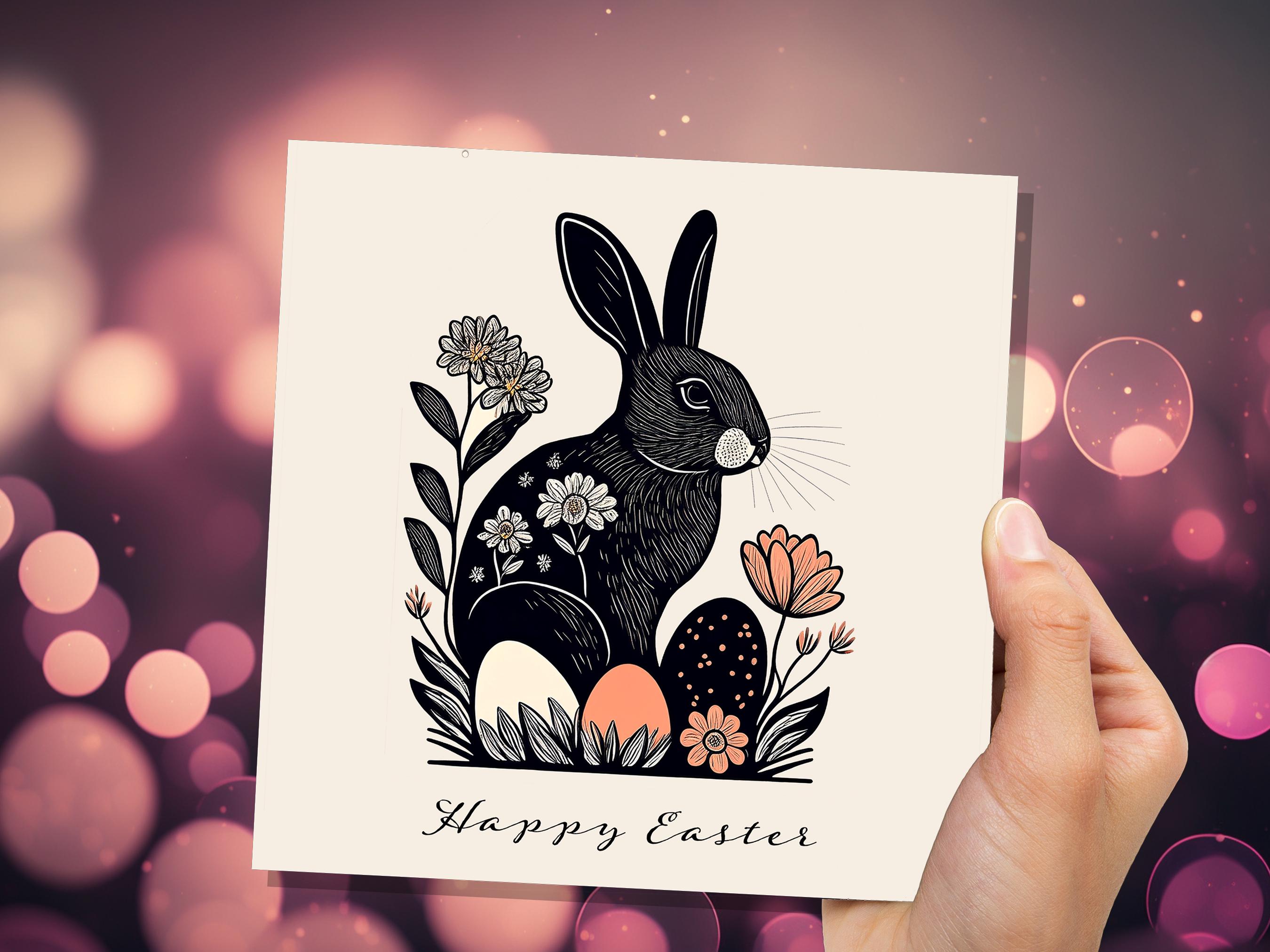 Linocut Easter Cards with Black Rabbit Happy Easter Card Pack Elegant Folk Art Bunny Print with Flowers and Eggs Eco Friendly Botanical Hare - View 7