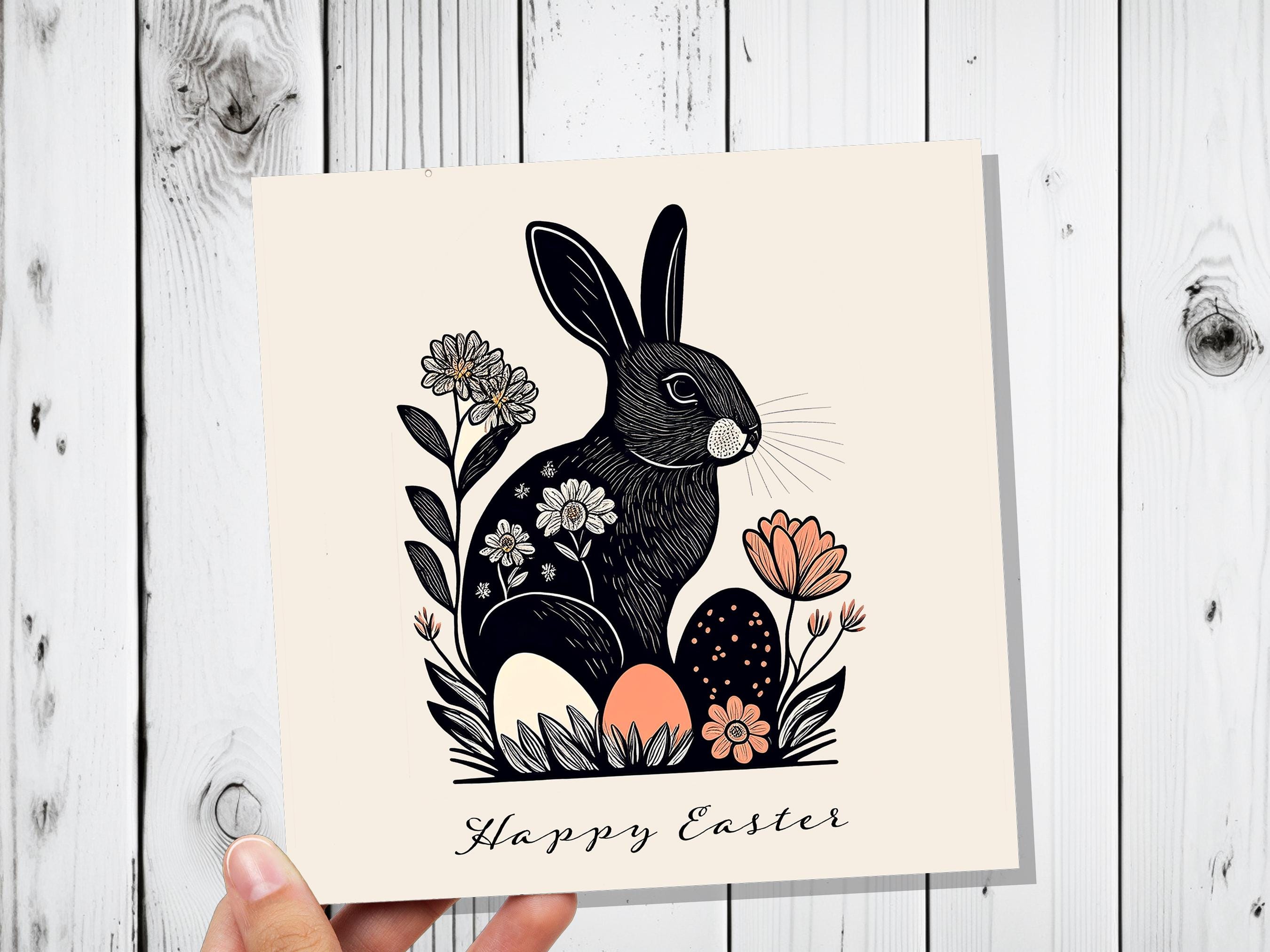 Linocut Easter Cards with Black Rabbit Happy Easter Card Pack Elegant Folk Art Bunny Print with Flowers and Eggs Eco Friendly Botanical Hare