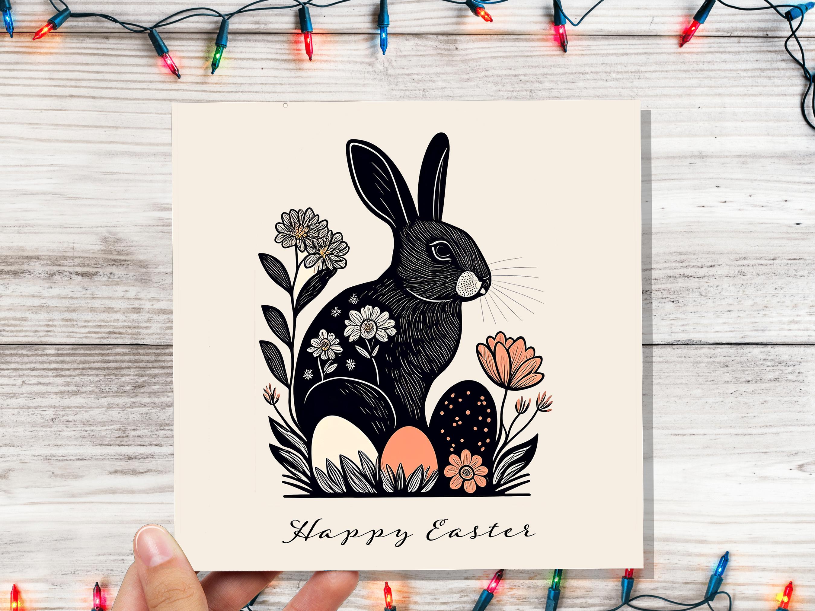 Linocut Easter Cards with Black Rabbit Happy Easter Card Pack Elegant Folk Art Bunny Print with Flowers and Eggs Eco Friendly Botanical Hare - View 3