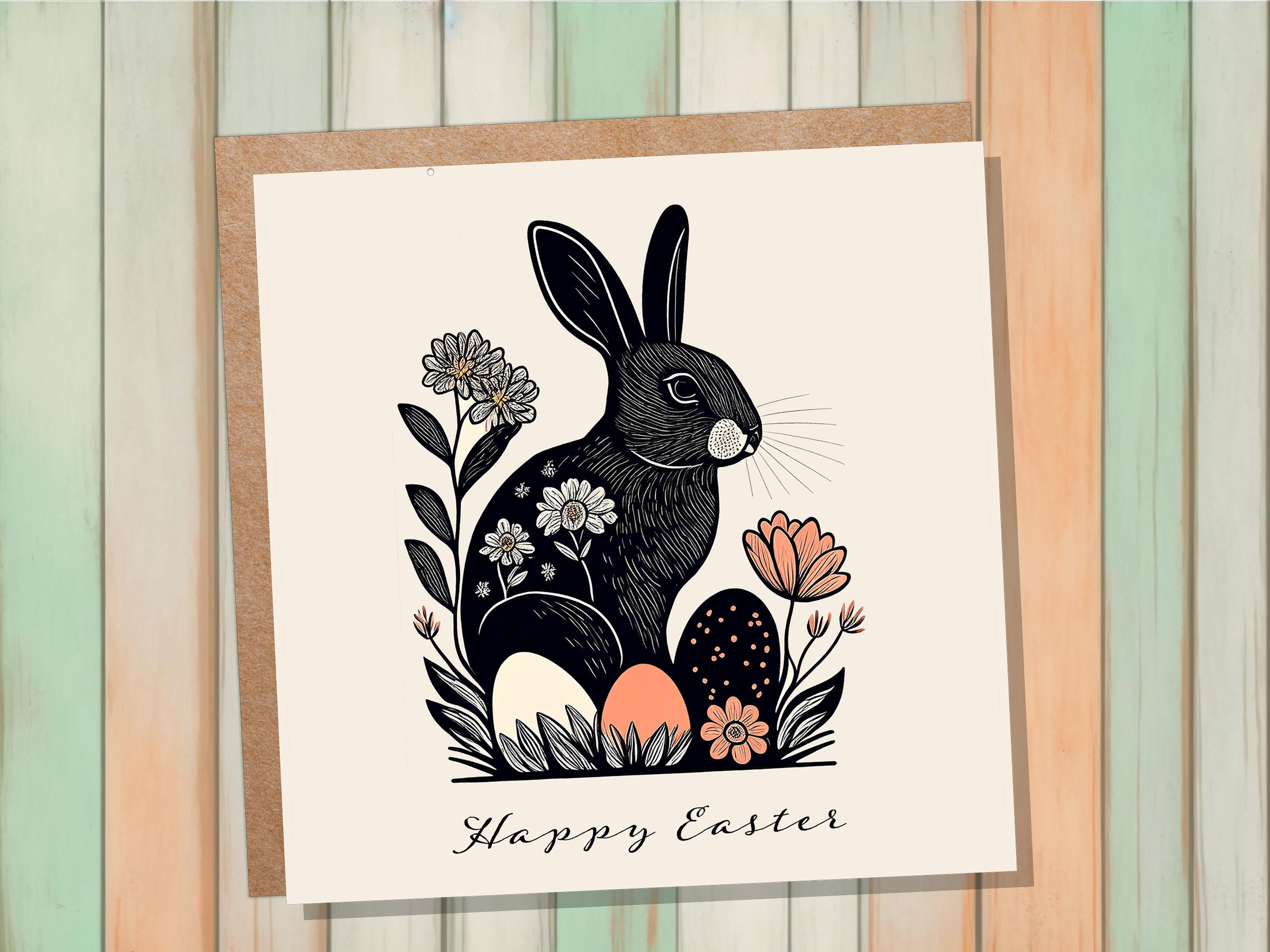 Linocut Easter Cards with Black Rabbit Happy Easter Card Pack Elegant Folk Art Bunny Print with Flowers and Eggs Eco Friendly Botanical Hare - View 2
