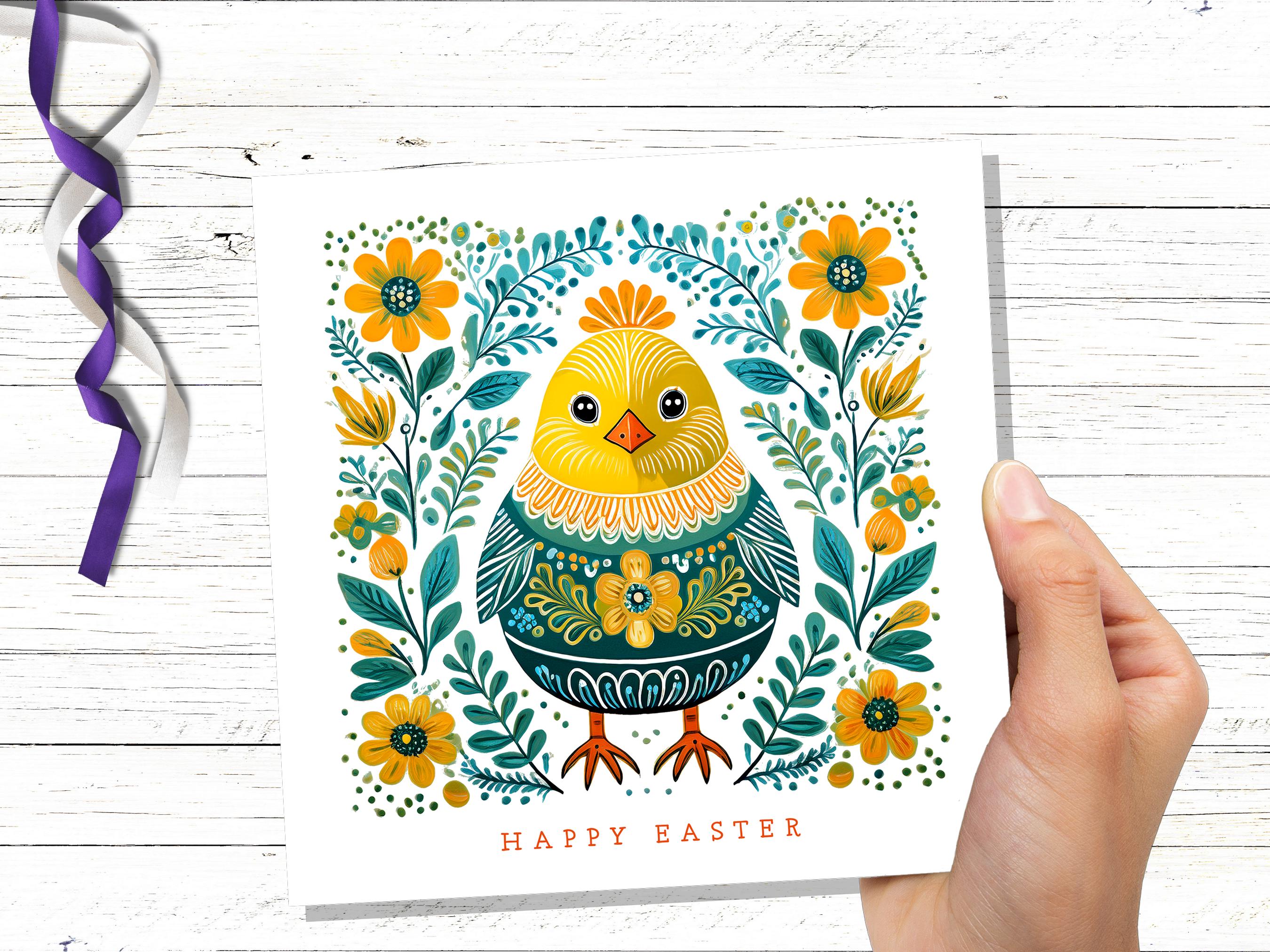 Happy Easter Chick Card Cute Folk Art Baby Bird Cards Pack For Family and Friends Floral Spring Flowers Yellow & Green Scandi Eco-Friendly - View 6