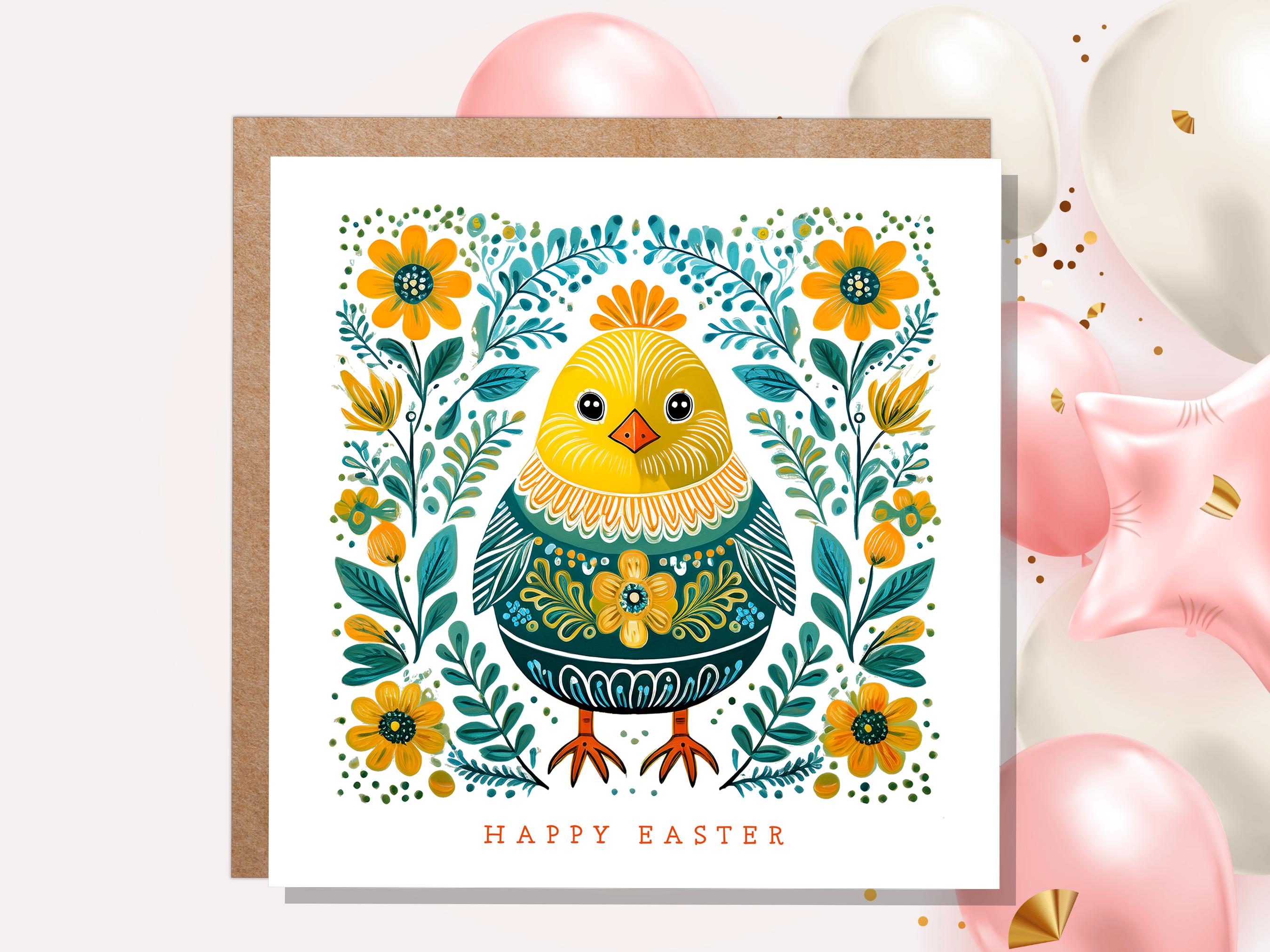 Happy Easter Chick Card Cute Folk Art Baby Bird Cards Pack For Family and Friends Floral Spring Flowers Yellow & Green Scandi Eco-Friendly - View 3
