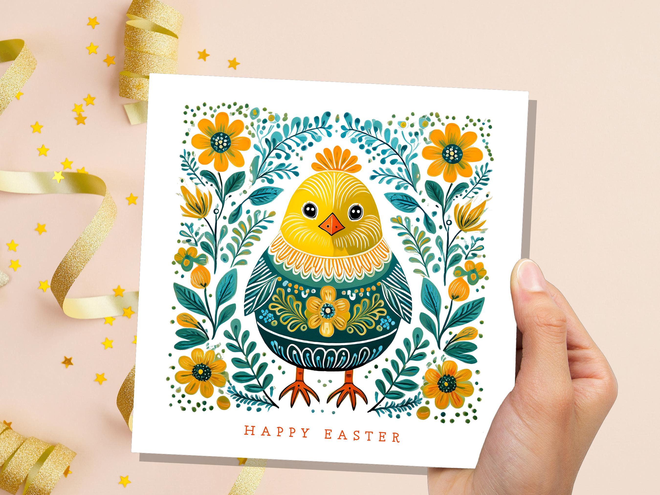 Happy Easter Chick Card Cute Folk Art Baby Bird Cards Pack For Family and Friends Floral Spring Flowers Yellow & Green Scandi Eco-Friendly - View 7