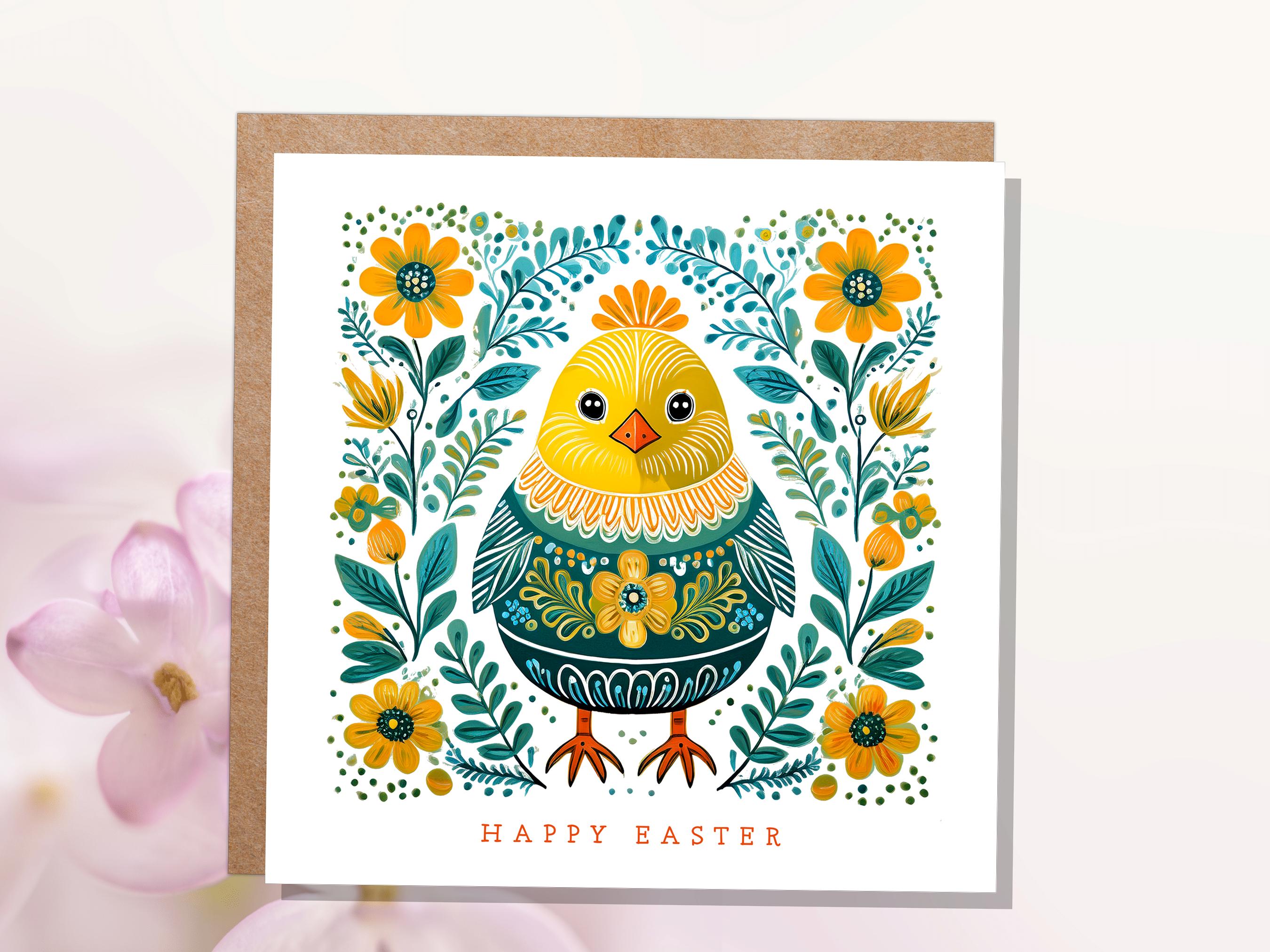 Happy Easter Chick Card Cute Folk Art Baby Bird Cards Pack For Family and Friends Floral Spring Flowers Yellow & Green Scandi Eco-Friendly - View 5