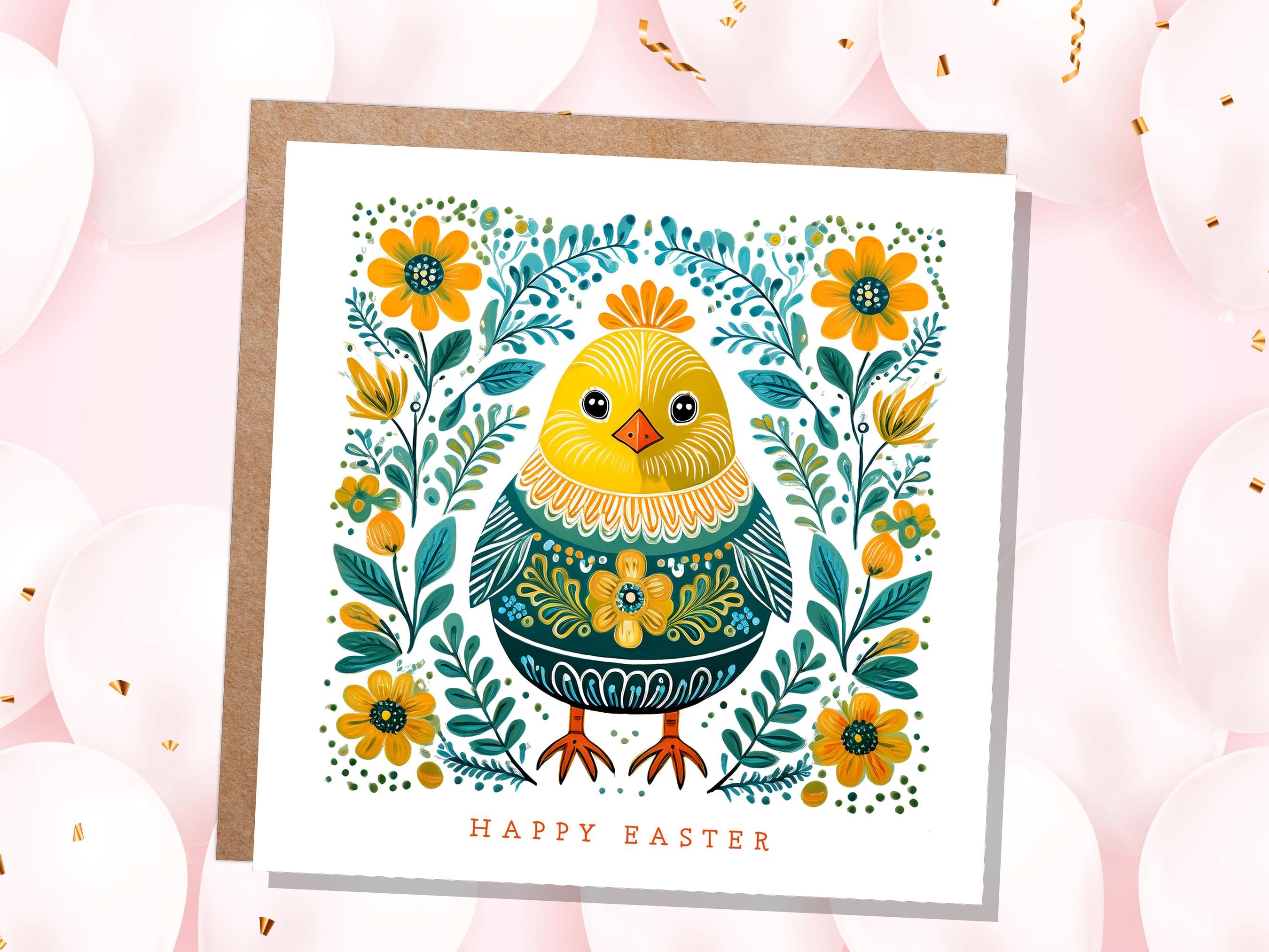 Happy Easter Chick Card Cute Folk Art Baby Bird Cards Pack For Family and Friends Floral Spring Flowers Yellow & Green Scandi Eco-Friendly - View 2
