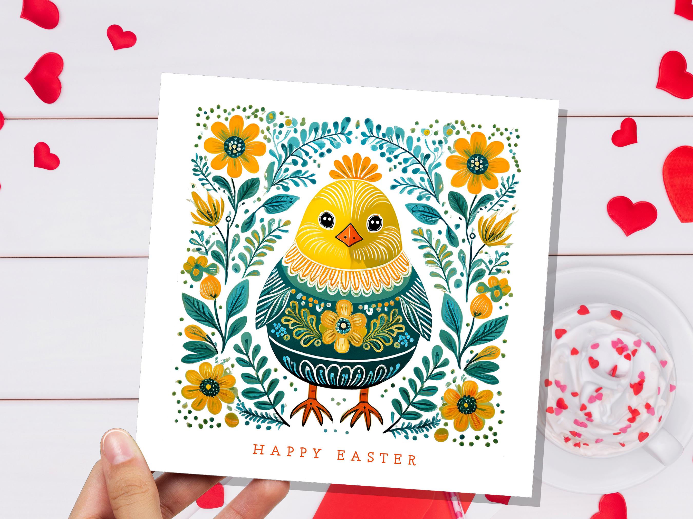 Happy Easter Chick Card Cute Folk Art Baby Bird Cards Pack For Family and Friends Floral Spring Flowers Yellow & Green Scandi Eco-Friendly - View 4