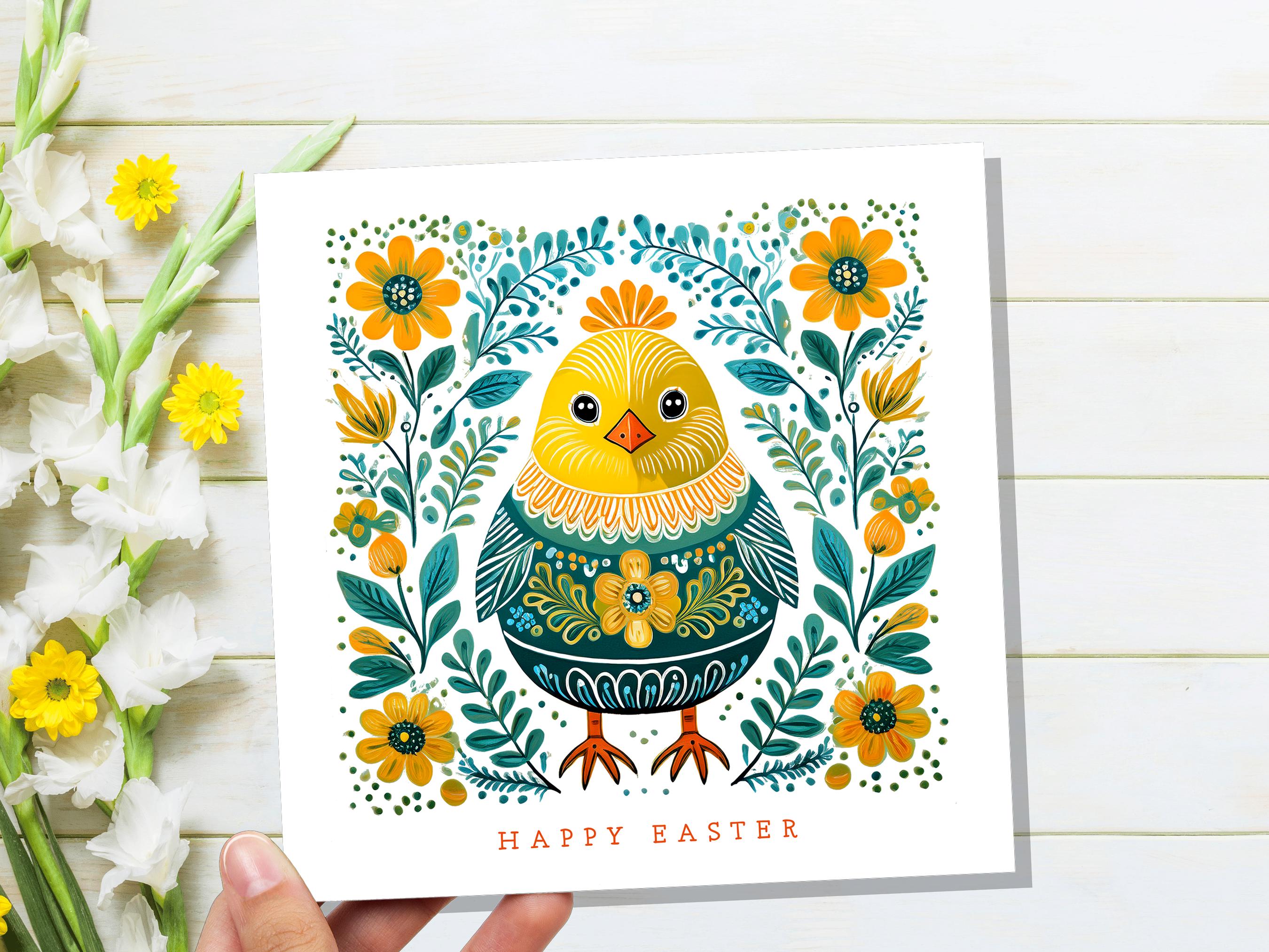 Happy Easter Chick Card Cute Folk Art Baby Bird Cards Pack For Family and Friends Floral Spring Flowers Yellow & Green Scandi Eco-Friendly