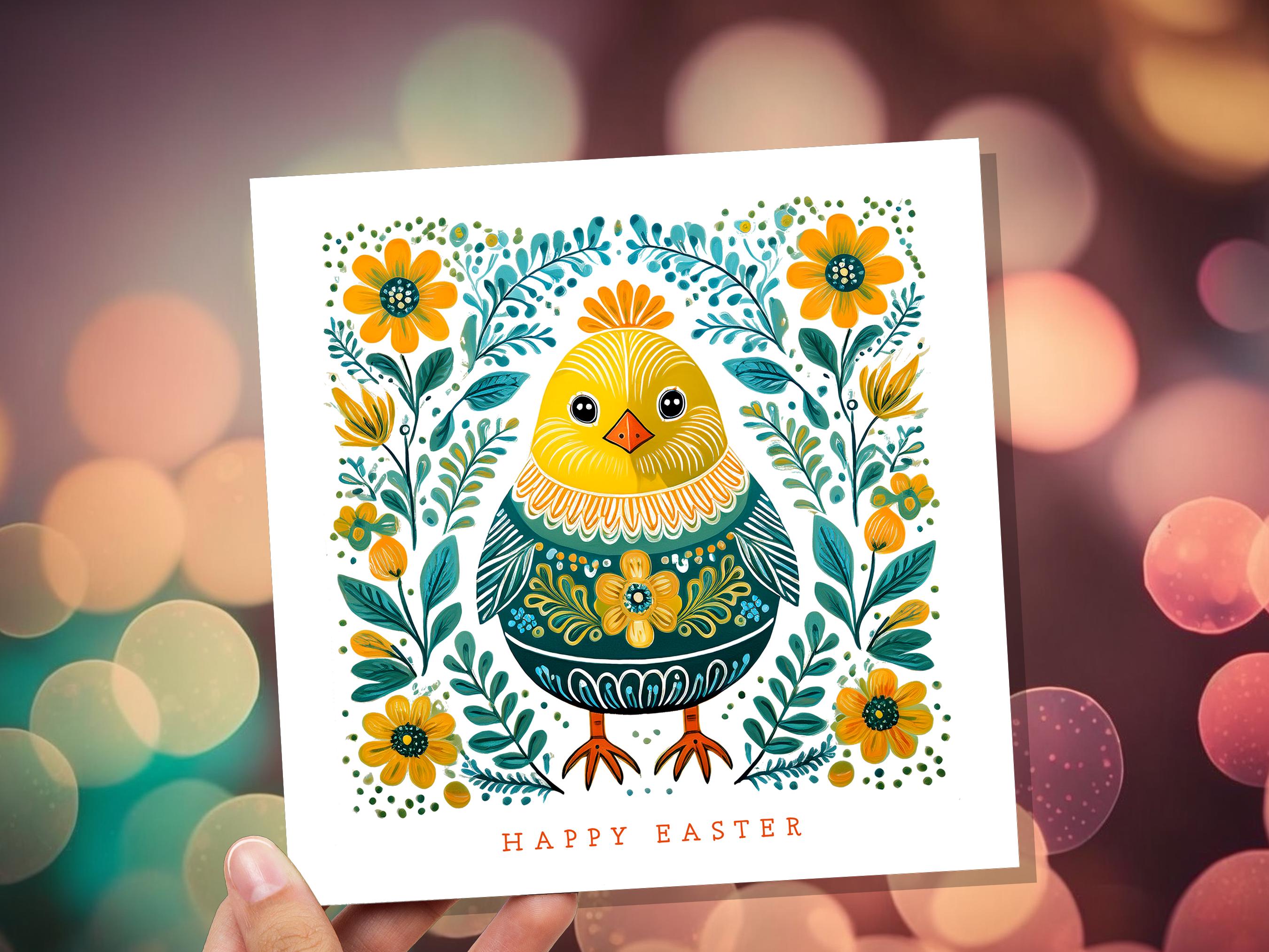 Happy Easter Chick Card Cute Folk Art Baby Bird Cards Pack For Family and Friends Floral Spring Flowers Yellow & Green Scandi Eco-Friendly - View 9