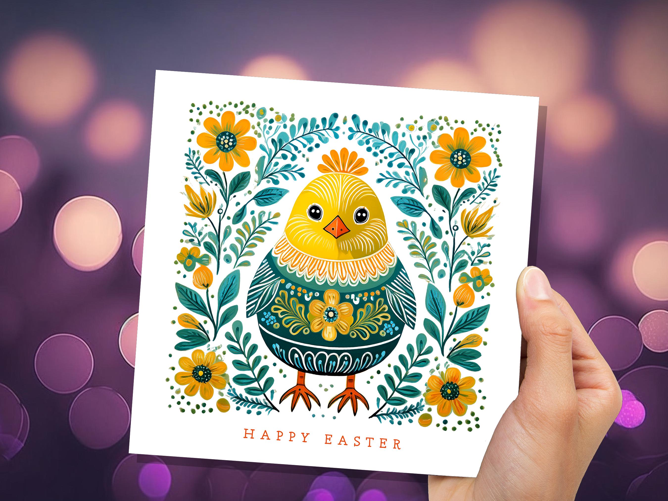 Happy Easter Chick Card Cute Folk Art Baby Bird Cards Pack For Family and Friends Floral Spring Flowers Yellow & Green Scandi Eco-Friendly - View 8