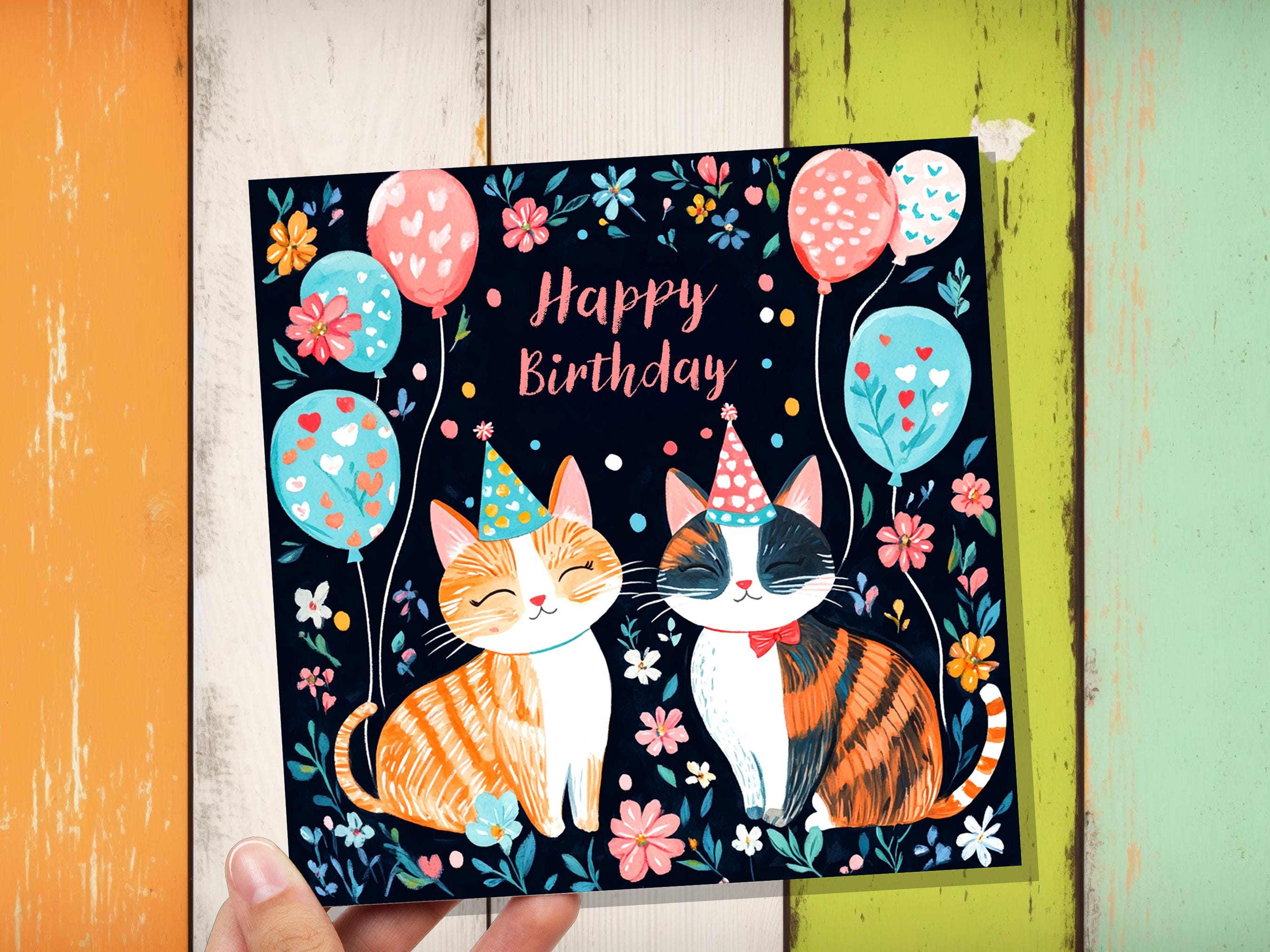 Cute Cats Happy Birthday Card Celebrating Cats with Party Hats and Balloons For Cat Lovers Card from the Cats to Cat Mum Dad Ginger Tabby - View 9