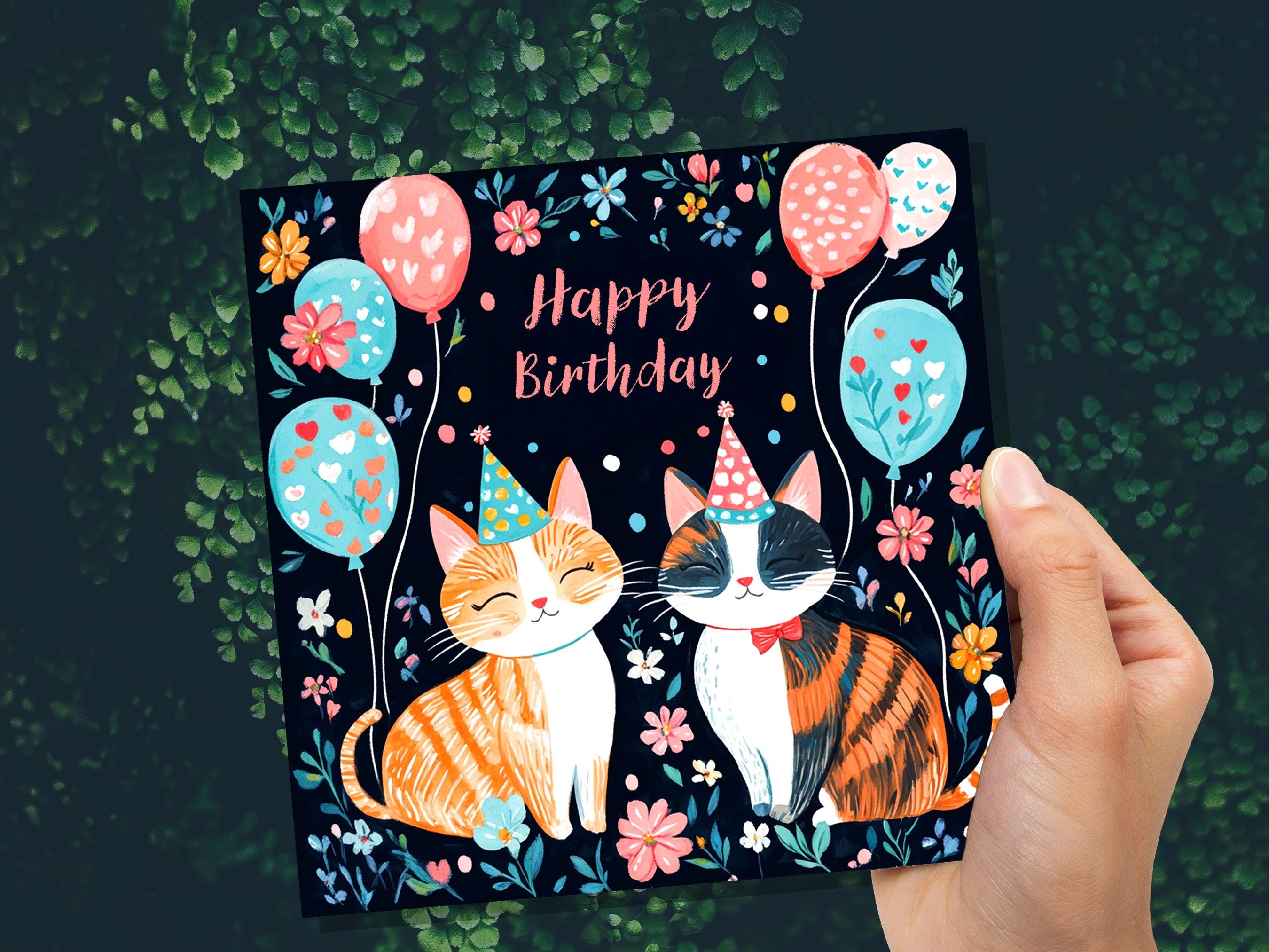 Cute Cats Happy Birthday Card Celebrating Cats with Party Hats and Balloons For Cat Lovers Card from the Cats to Cat Mum Dad Ginger Tabby - View 7