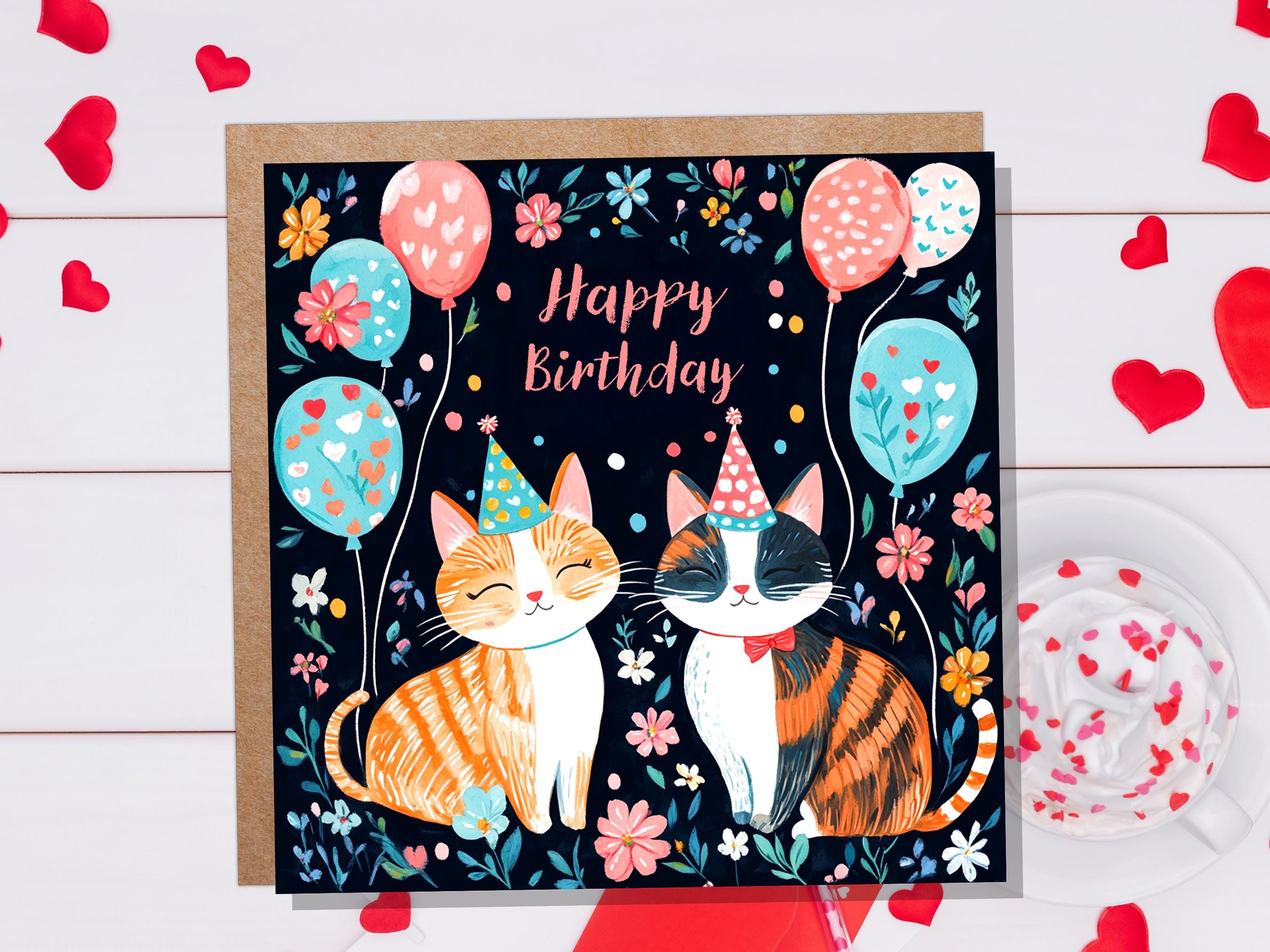 Cute Cats Happy Birthday Card Celebrating Cats with Party Hats and Balloons For Cat Lovers Card from the Cats to Cat Mum Dad Ginger Tabby - View 3