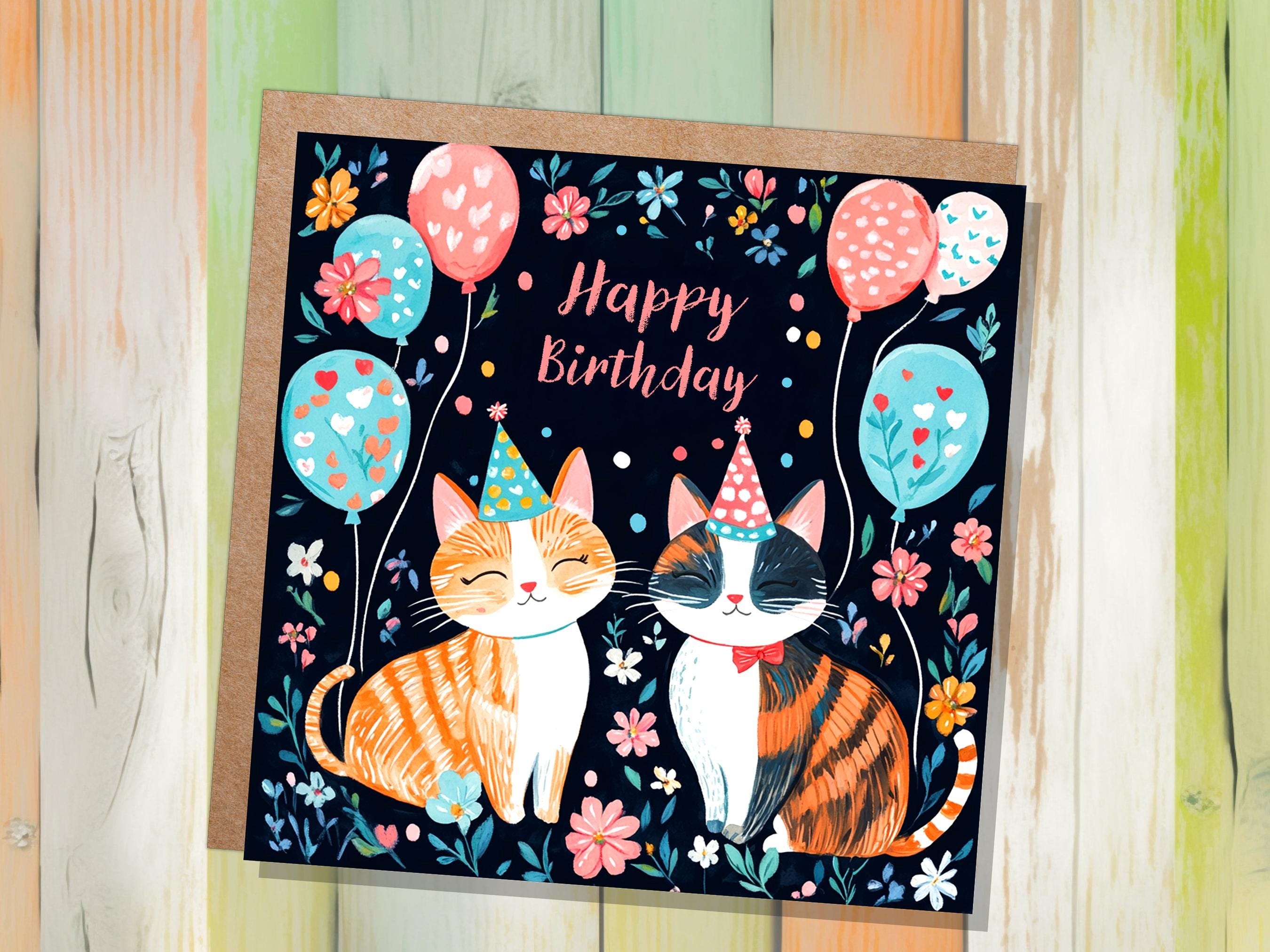 Cute Cats Happy Birthday Card Celebrating Cats with Party Hats and Balloons For Cat Lovers Card from the Cats to Cat Mum Dad Ginger Tabby - View 4