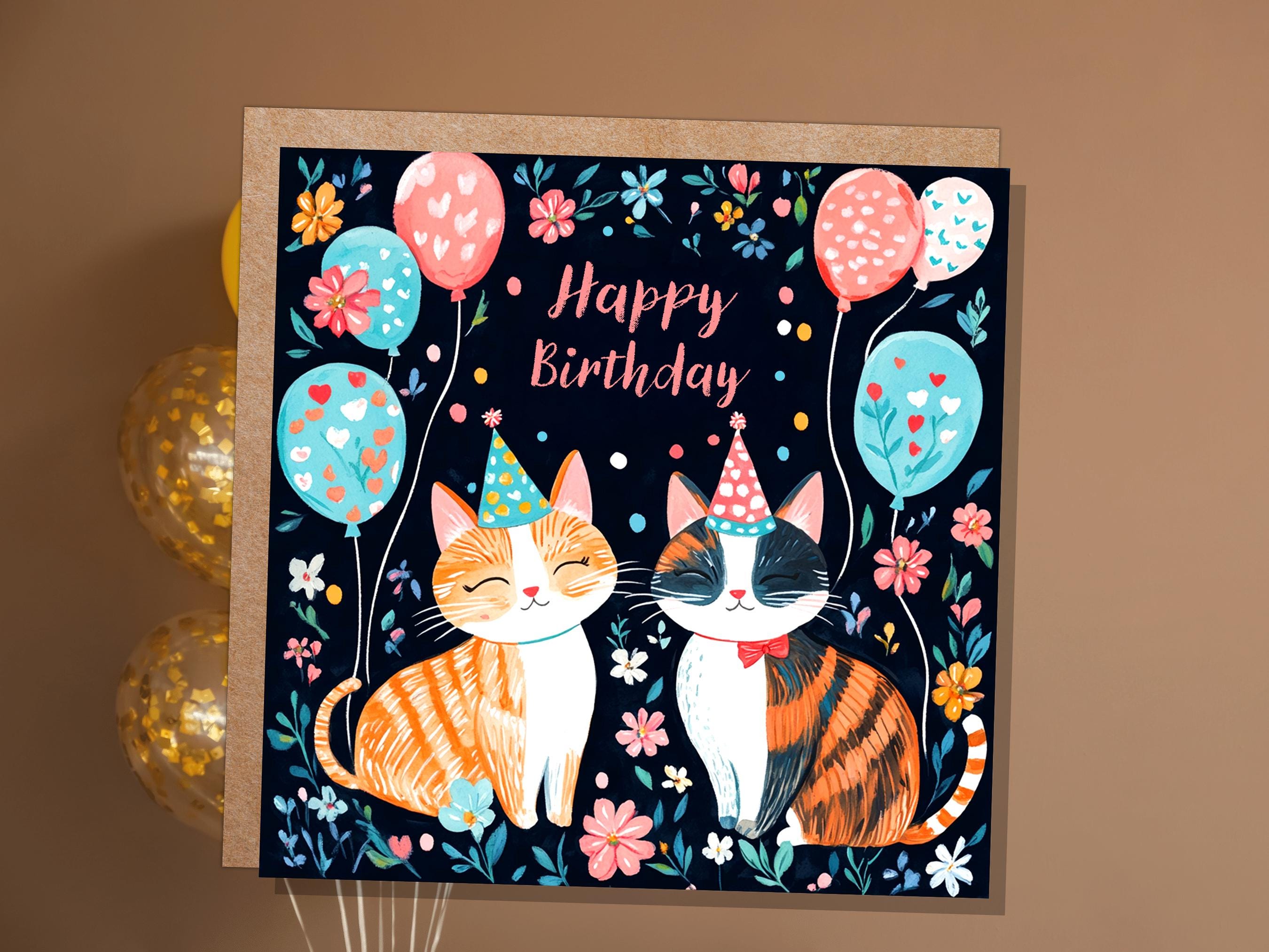 Cute Cats Happy Birthday Card Celebrating Cats with Party Hats and Balloons For Cat Lovers Card from the Cats to Cat Mum Dad Ginger Tabby - View 8