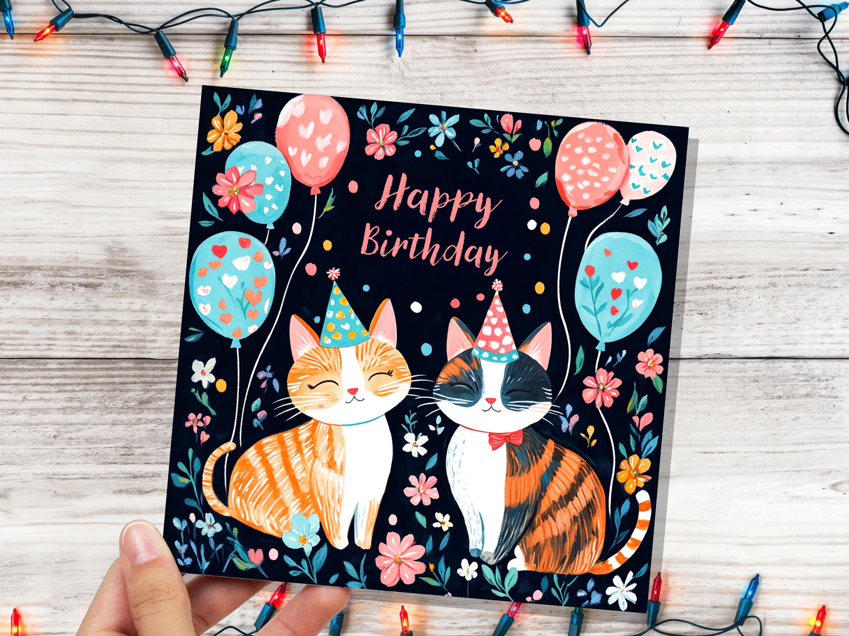 Cute Cats Happy Birthday Card Celebrating Cats with Party Hats and Balloons For Cat Lovers Card from the Cats to Cat Mum Dad Ginger Tabby - View 2