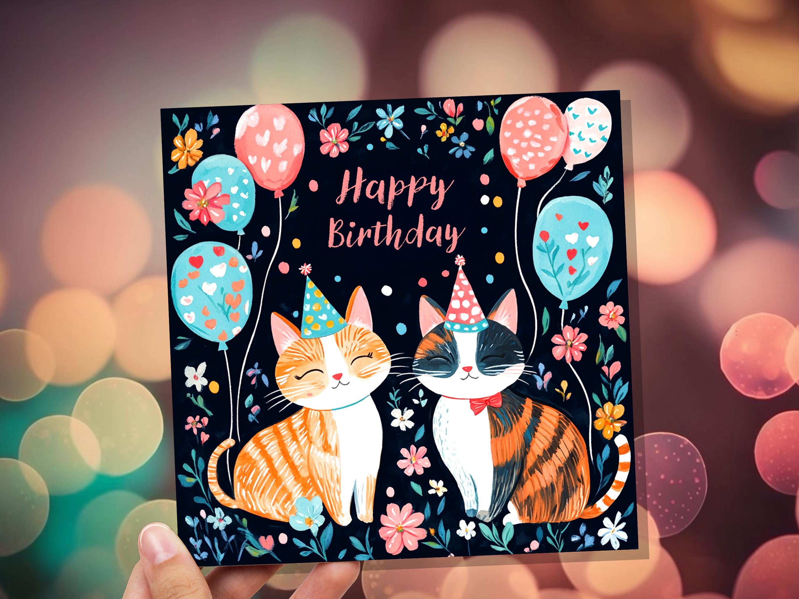 Cute Cats Happy Birthday Card Celebrating Cats with Party Hats and Balloons For Cat Lovers Card from the Cats to Cat Mum Dad Ginger Tabby - View 5