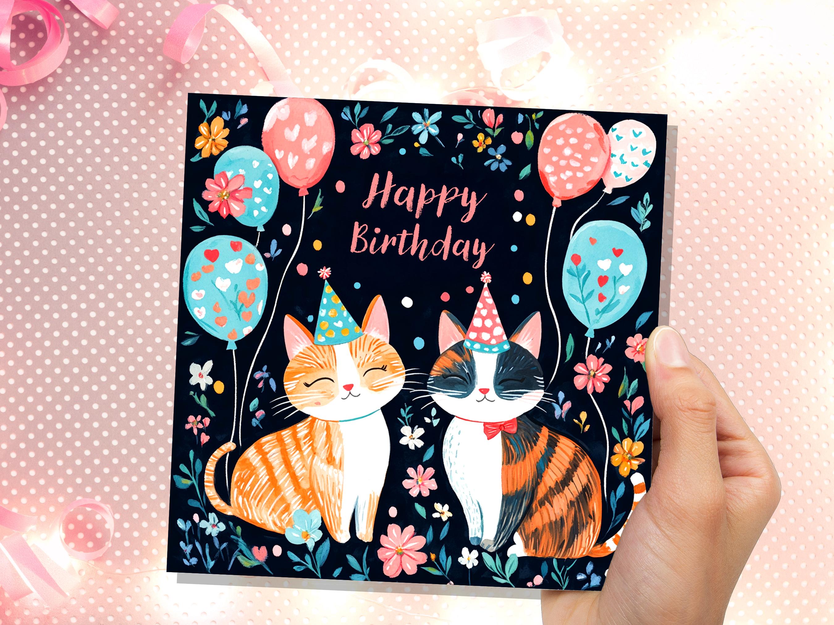 Cute Cats Happy Birthday Card Celebrating Cats with Party Hats and Balloons For Cat Lovers Card from the Cats to Cat Mum Dad Ginger Tabby