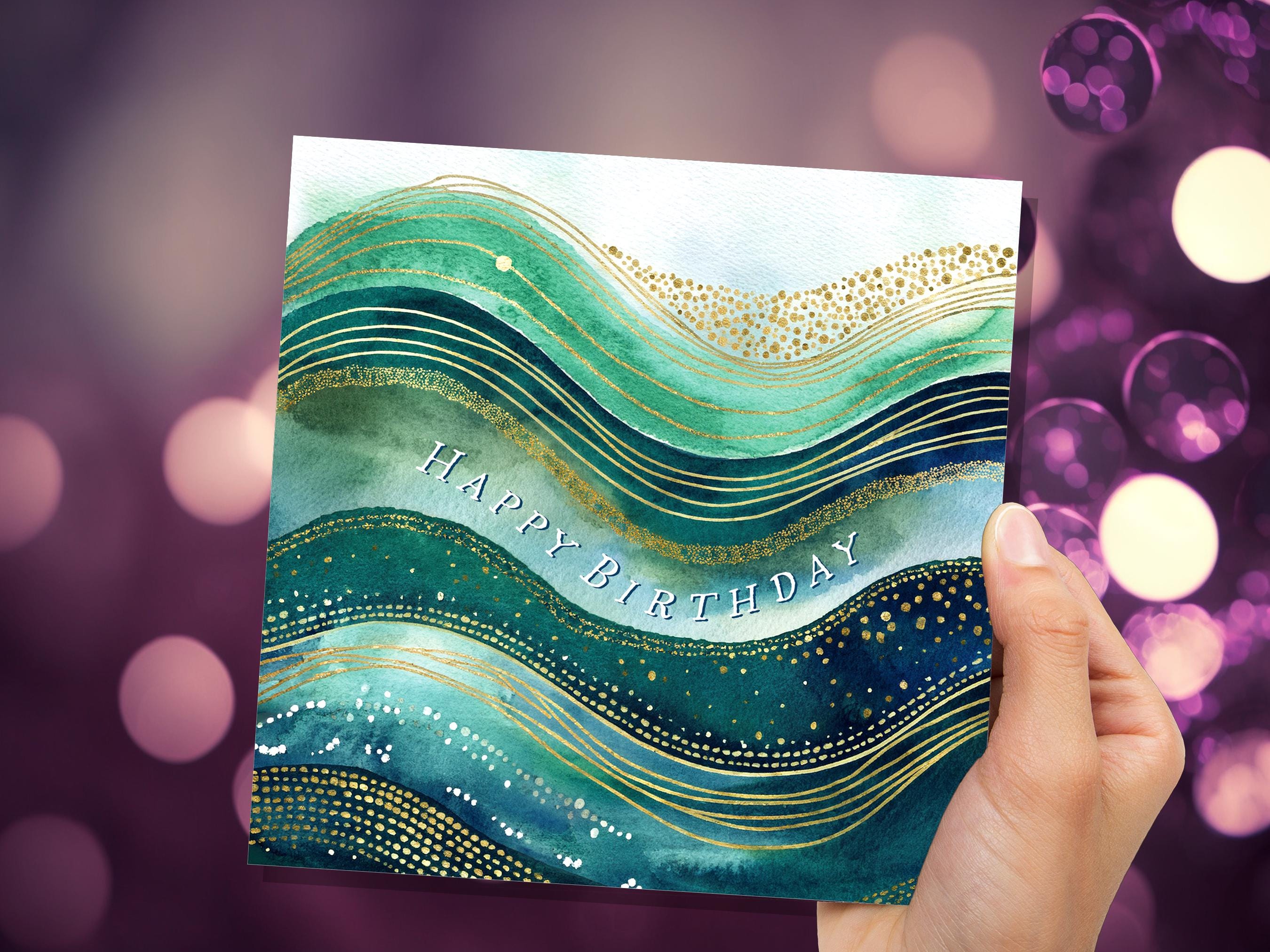 Ocean Birthday Card Luxury Watercolour Gold and Teal Waves Abstract Under the Sea Themed Design Eco Friendly Swimming Beach New for 2025 - View 5