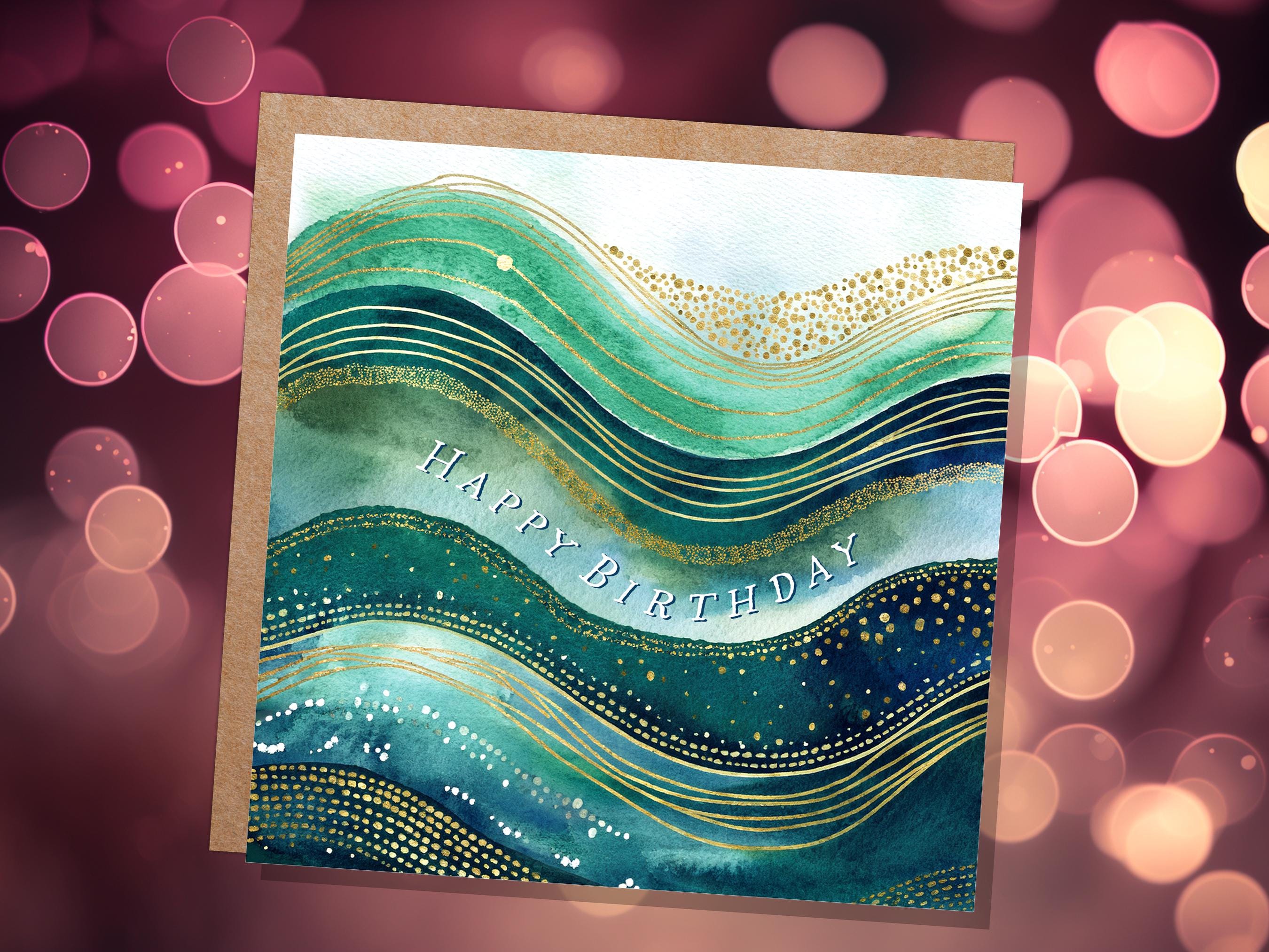 Ocean Birthday Card Luxury Watercolour Gold and Teal Waves Abstract Under the Sea Themed Design Eco Friendly Swimming Beach New for 2025 - View 9