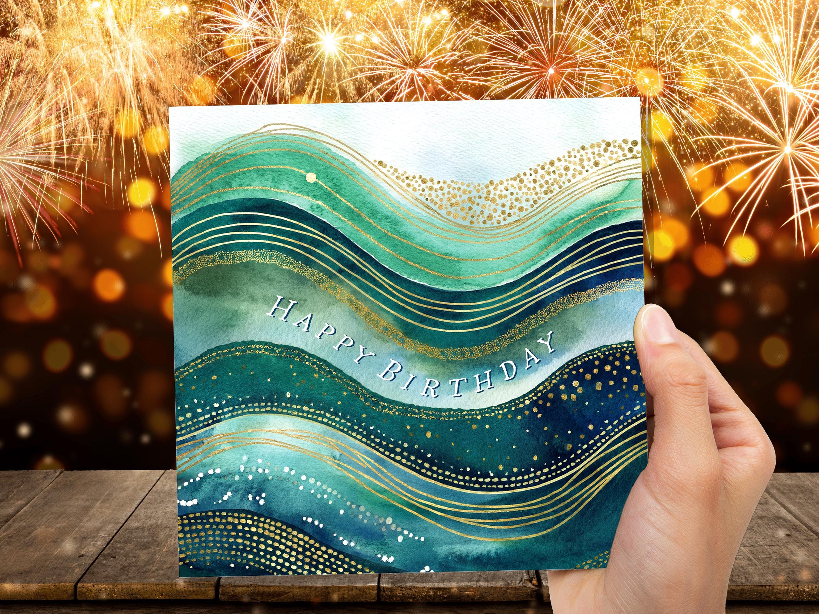 Ocean Birthday Card Luxury Watercolour Gold and Teal Waves Abstract Under the Sea Themed Design Eco Friendly Swimming Beach New for 2025 - View 8