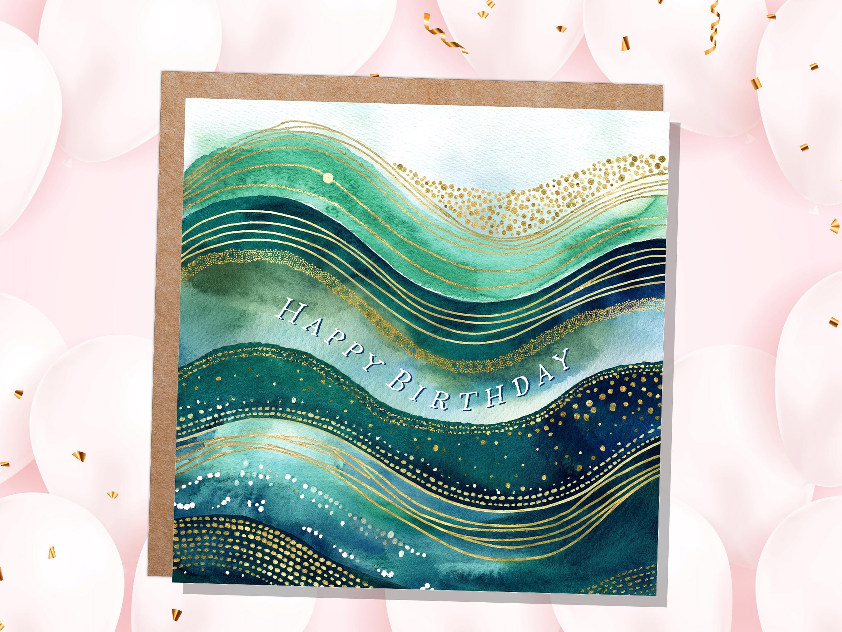 Ocean Birthday Card Luxury Watercolour Gold and Teal Waves Abstract Under the Sea Themed Design Eco Friendly Swimming Beach New for 2025 - View 2