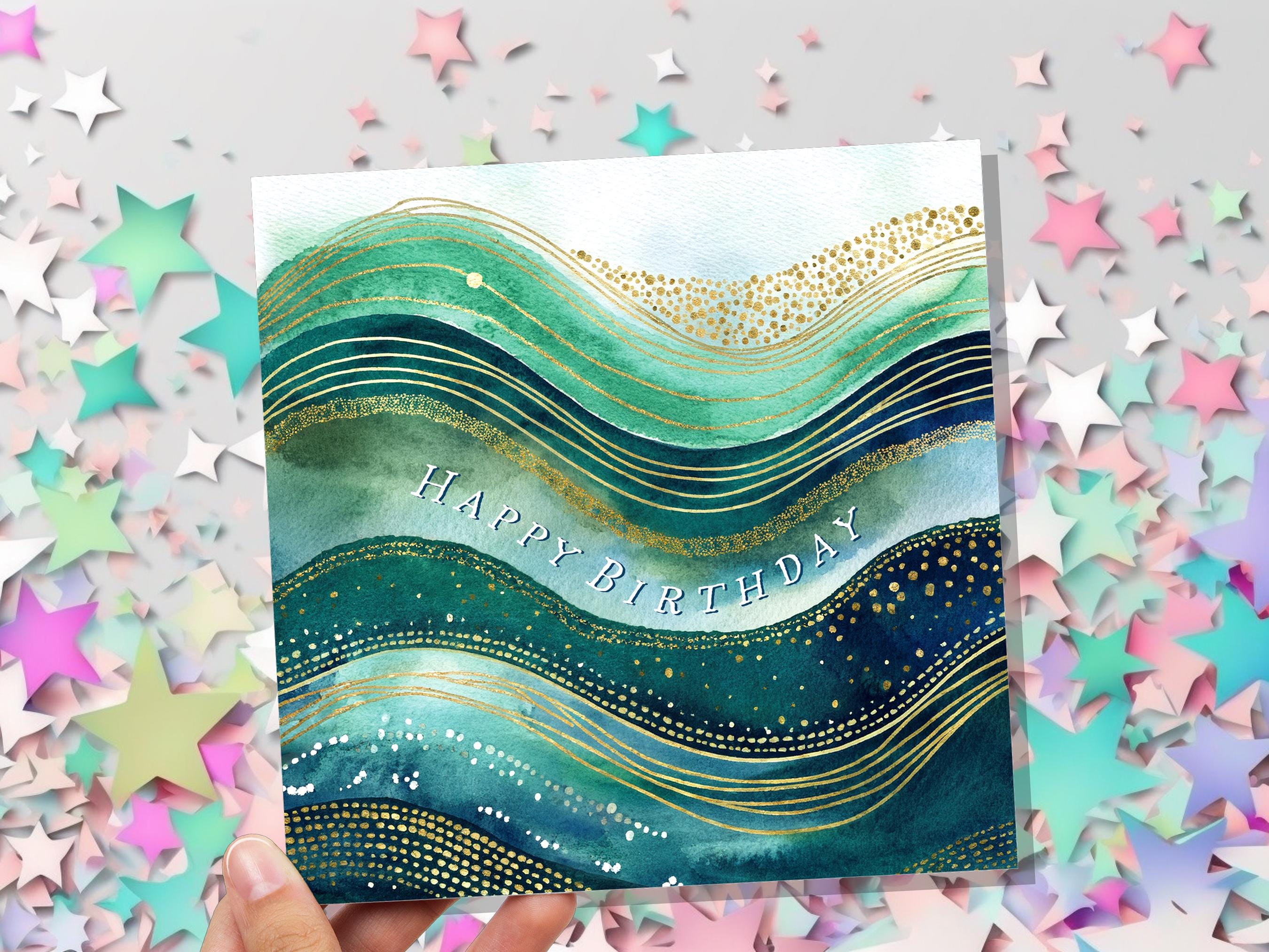 Ocean Birthday Card Luxury Watercolour Gold and Teal Waves Abstract Under the Sea Themed Design Eco Friendly Swimming Beach New for 2025 - View 4