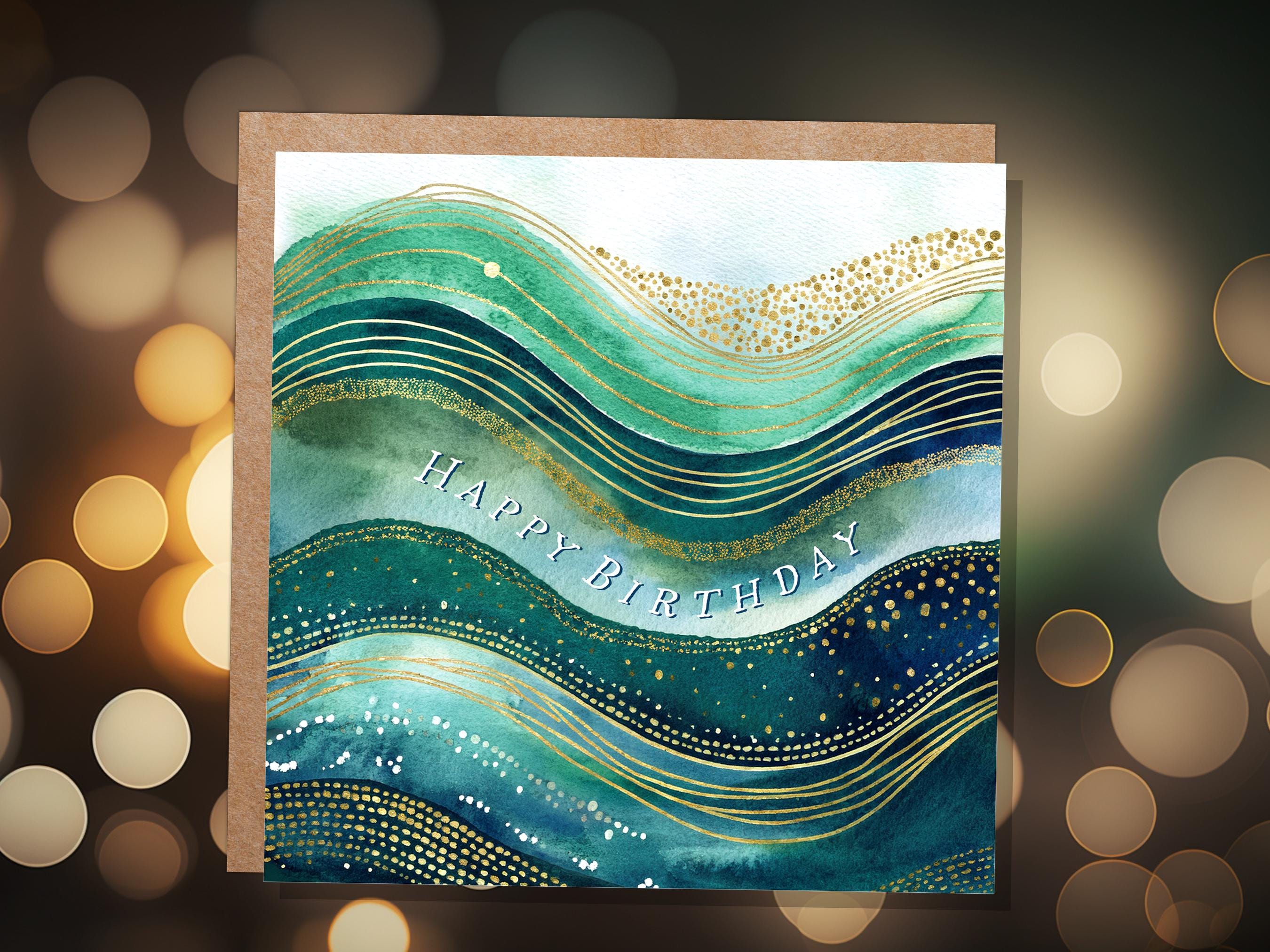 Ocean Birthday Card Luxury Watercolour Gold and Teal Waves Abstract Under the Sea Themed Design Eco Friendly Swimming Beach New for 2025 - View 7
